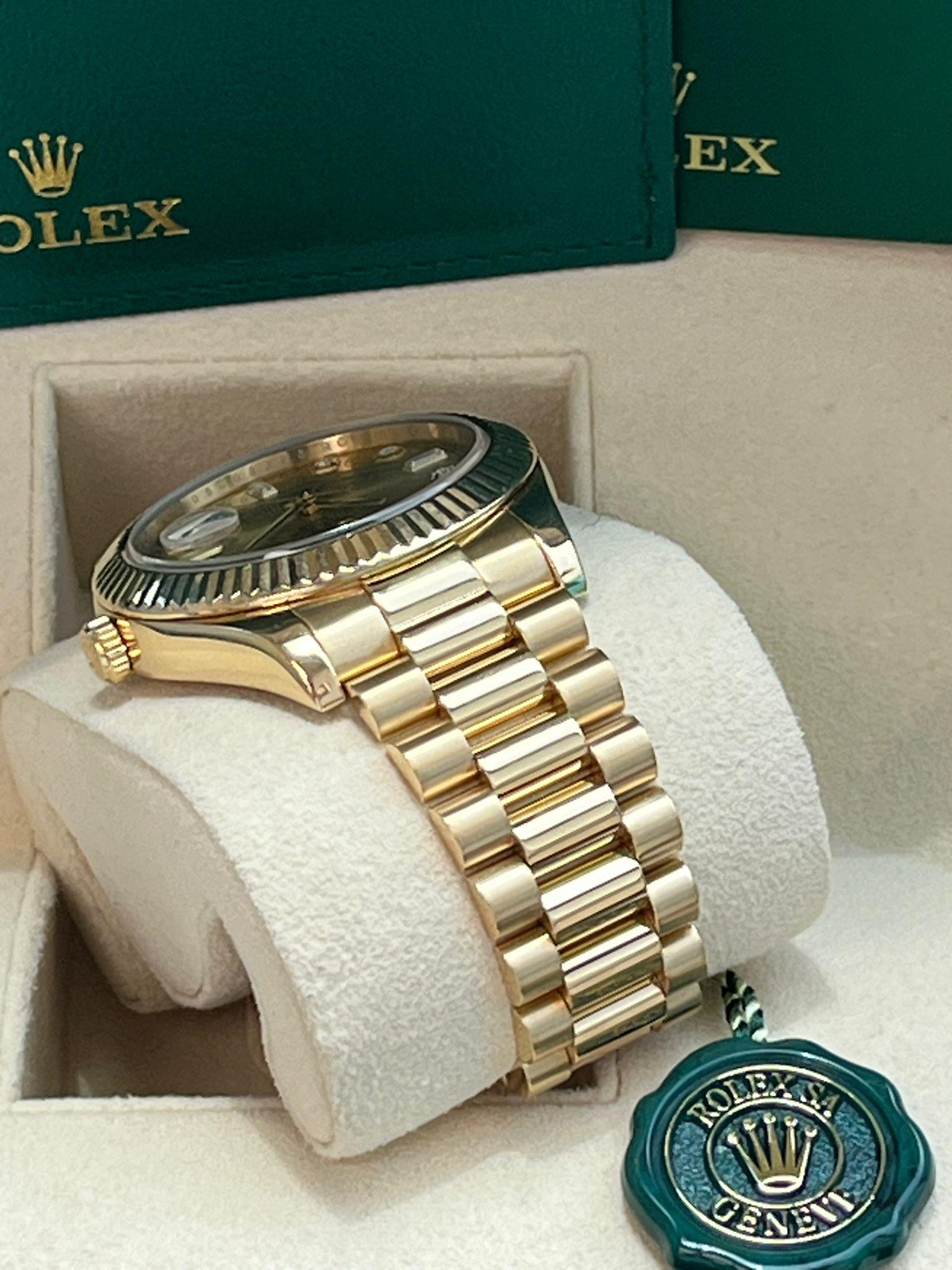Rolex Day-Date II Yellow Gold Fluted Bezel Champagne Diamond Dial Watch 218238 For Sale 9