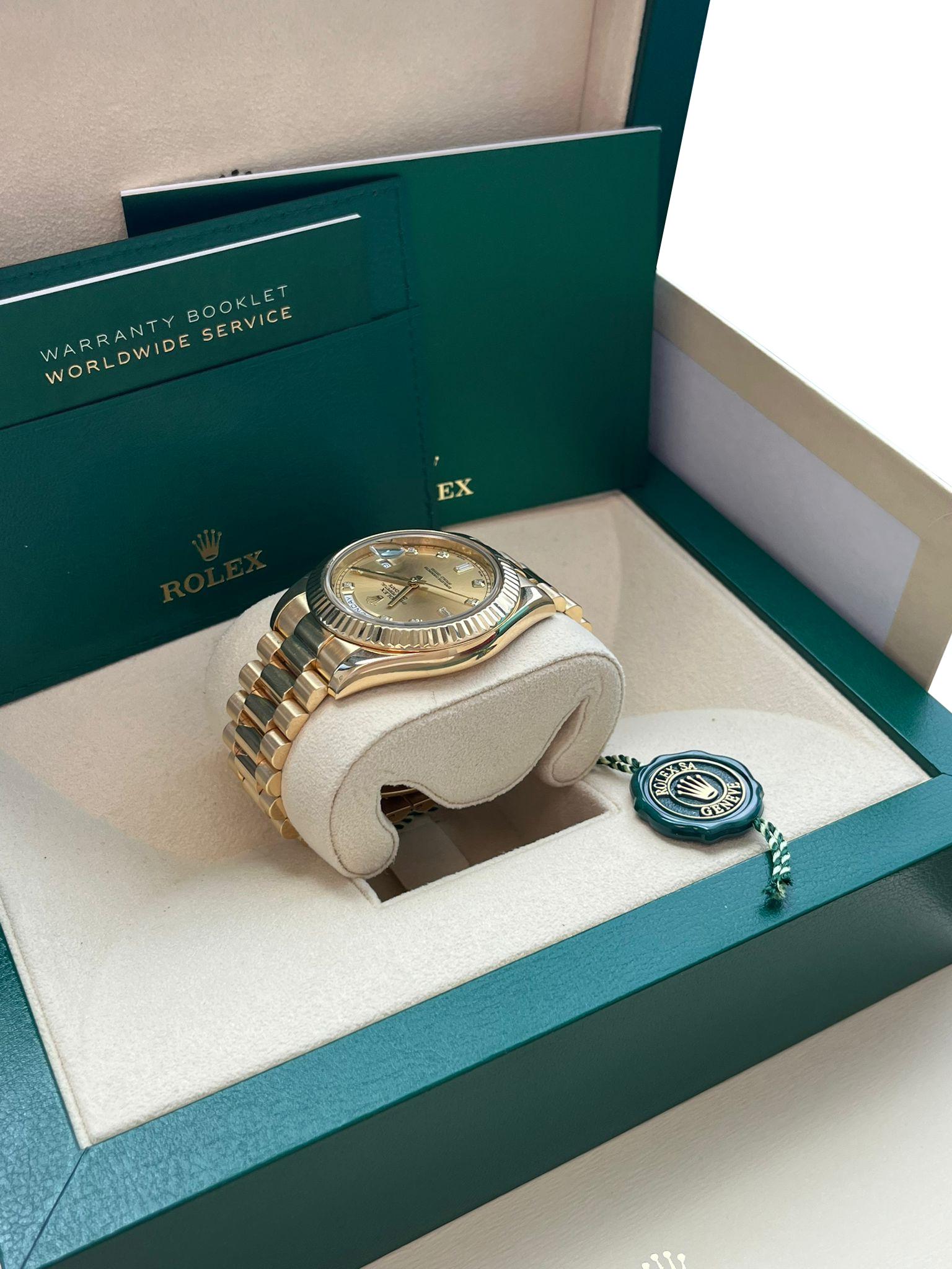 Rolex Day-Date II Yellow Gold Fluted Bezel Champagne Diamond Dial Watch 218238 For Sale 10