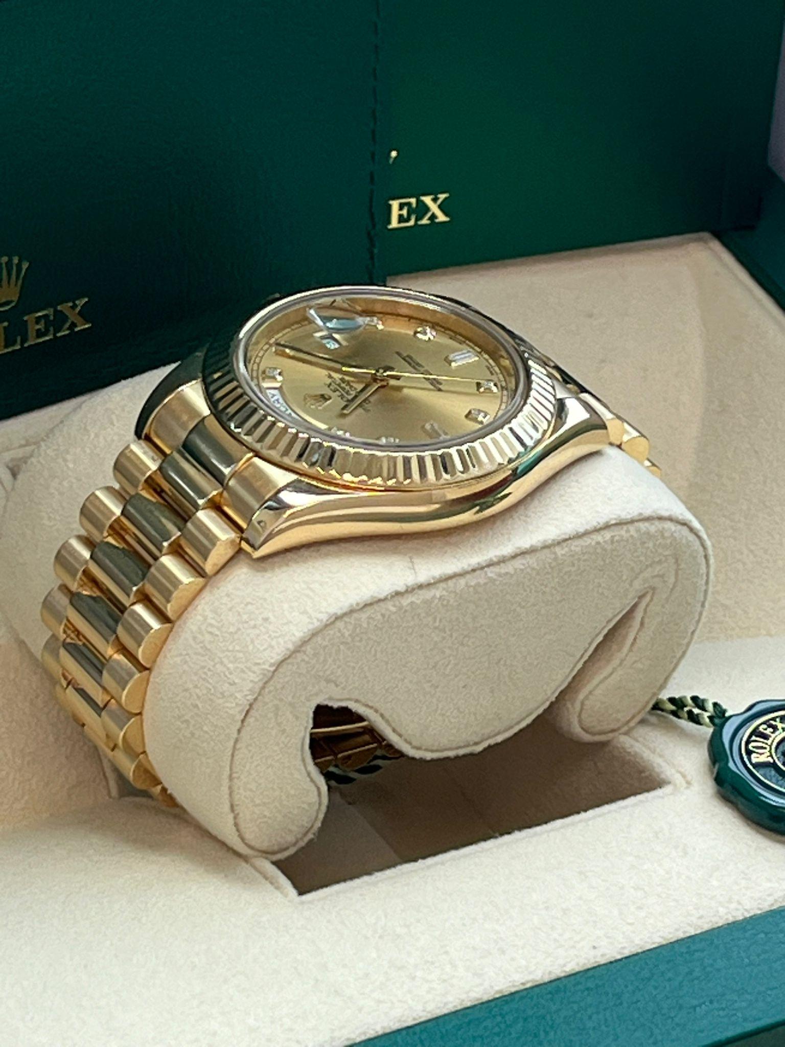 Rolex Day-Date II Yellow Gold Fluted Bezel Champagne Diamond Dial Watch 218238 For Sale 11