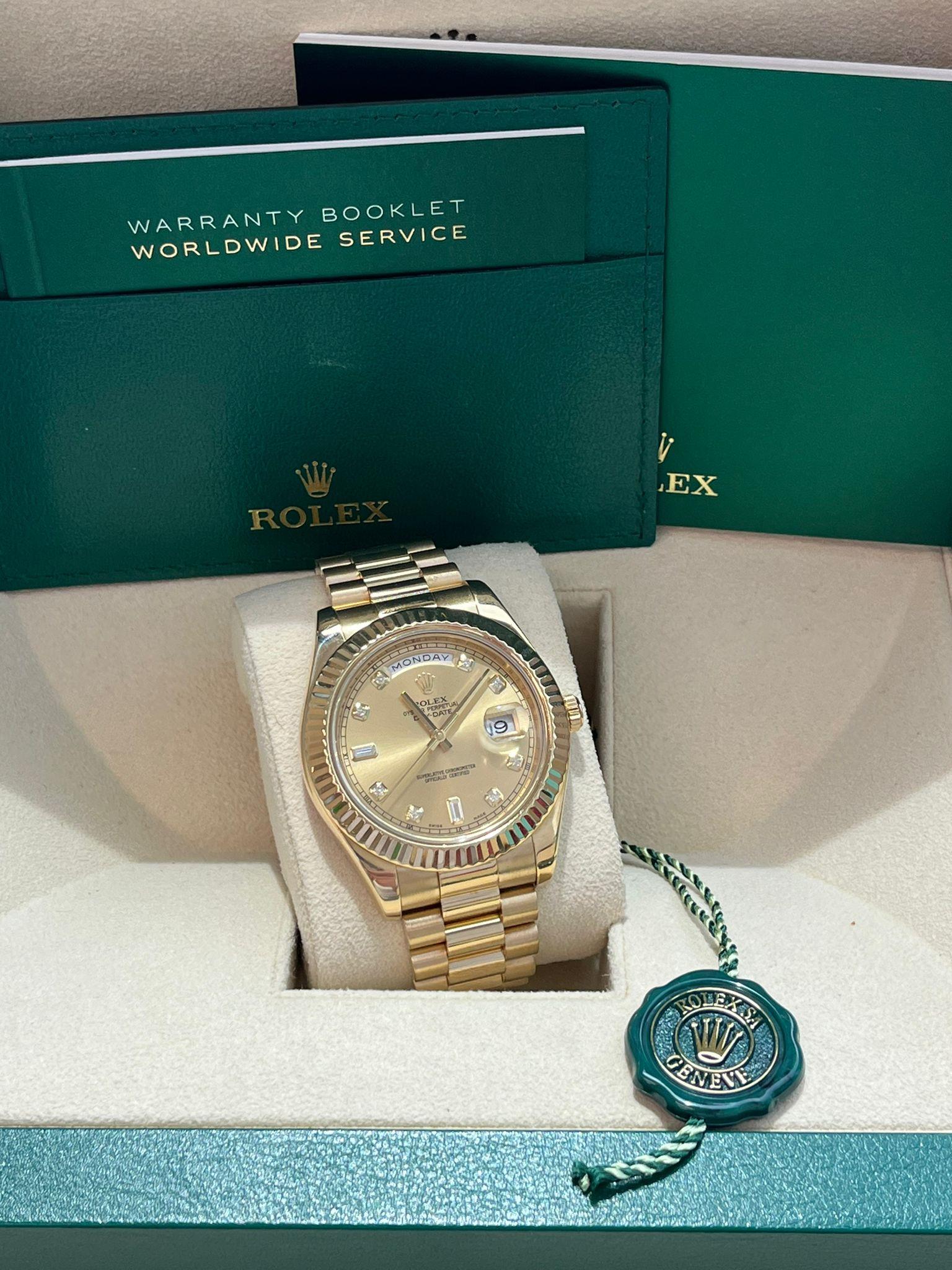 Modernist Rolex Day-Date II Yellow Gold Fluted Bezel Champagne Diamond Dial Watch 218238 For Sale