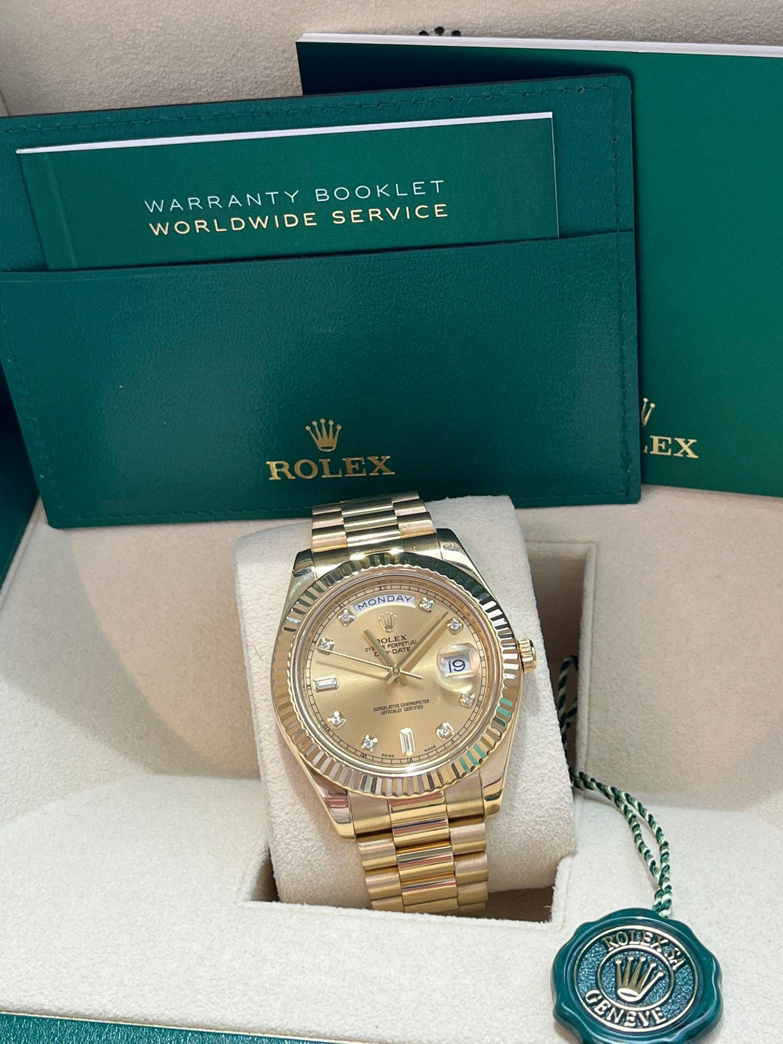 Round Cut Rolex Day-Date II Yellow Gold Fluted Bezel Champagne Diamond Dial Watch 218238 For Sale