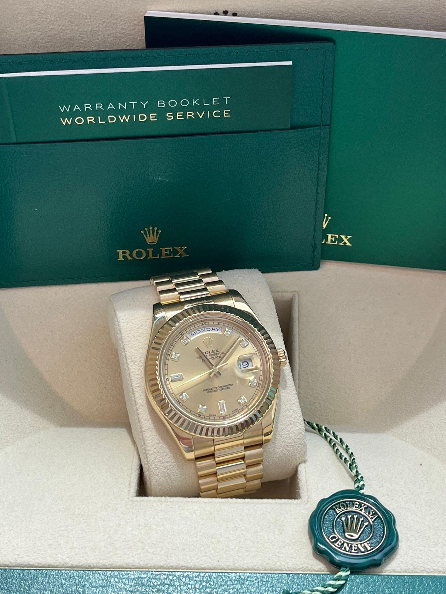 Rolex Day-Date II Yellow Gold Fluted Bezel Champagne Diamond Dial Watch 218238 In Good Condition For Sale In Aventura, FL