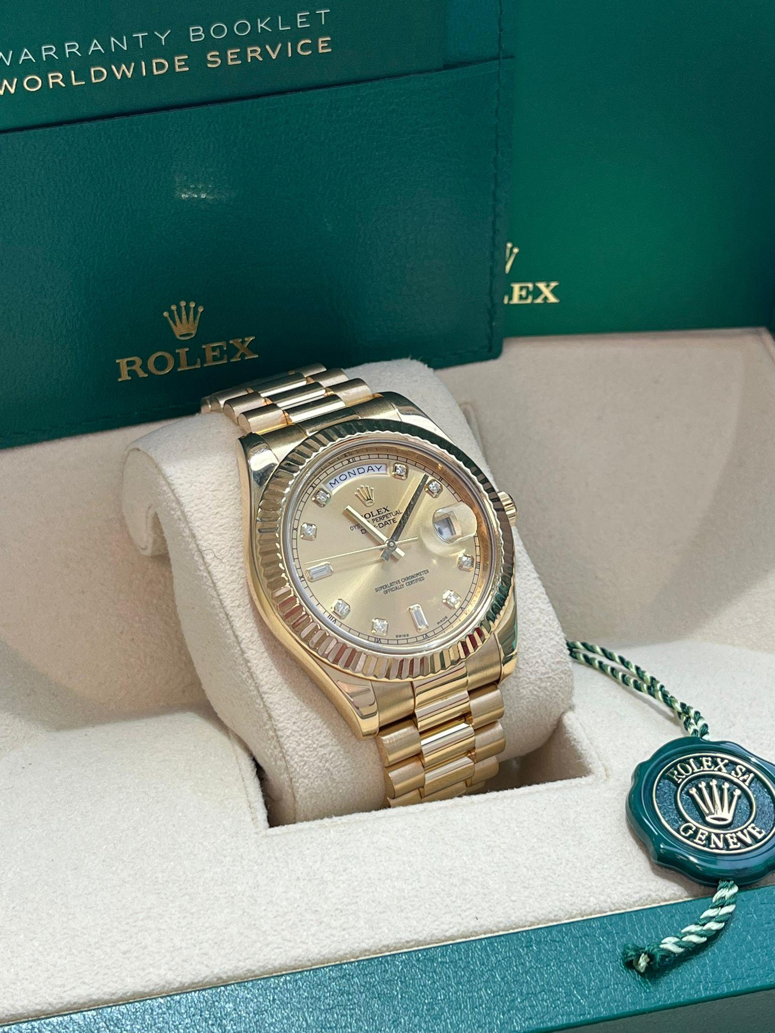 Rolex Day-Date II Yellow Gold Fluted Bezel Champagne Diamond Dial Watch 218238 For Sale 1