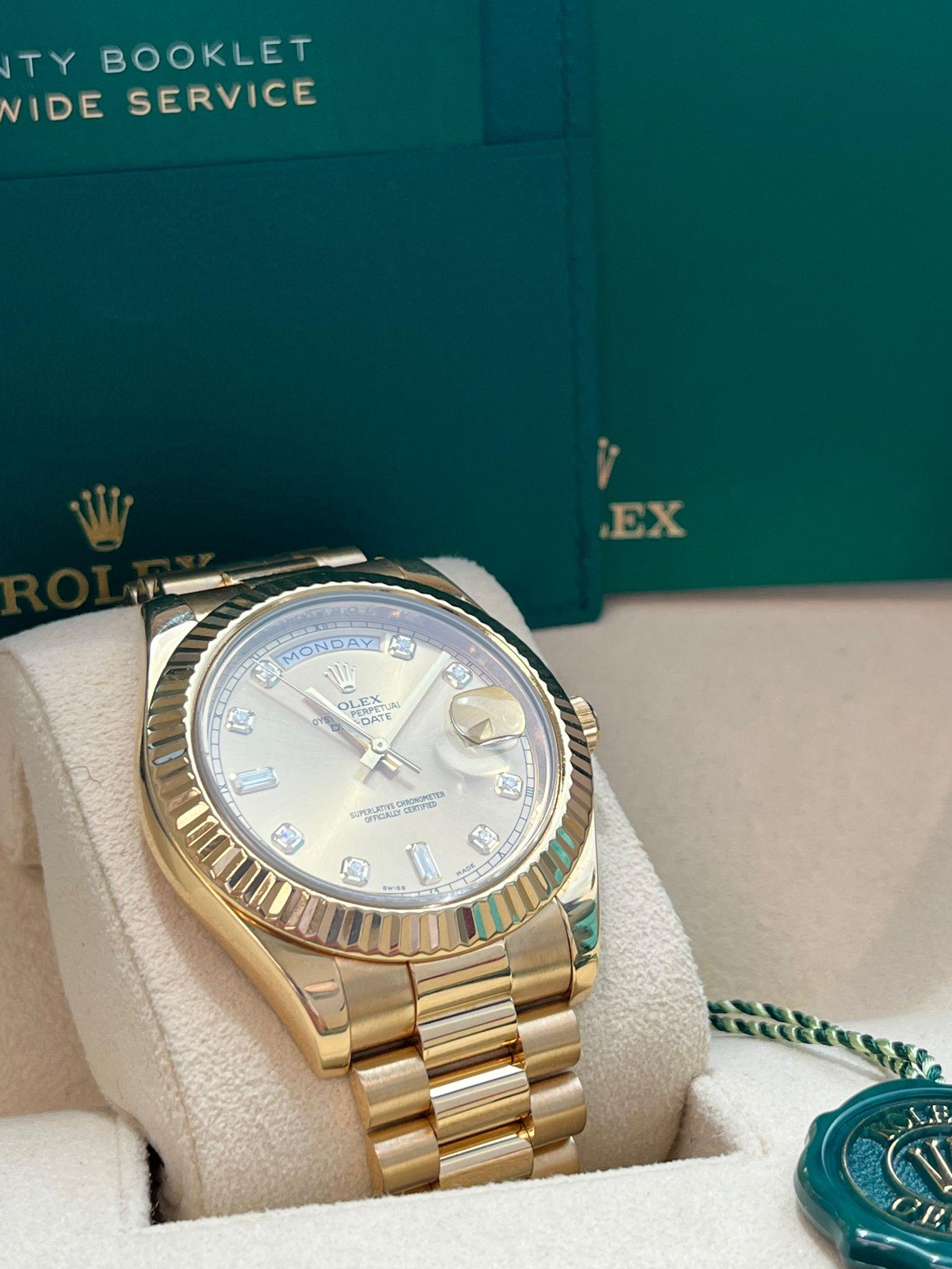 Rolex Day-Date II Yellow Gold Fluted Bezel Champagne Diamond Dial Watch 218238 For Sale 2