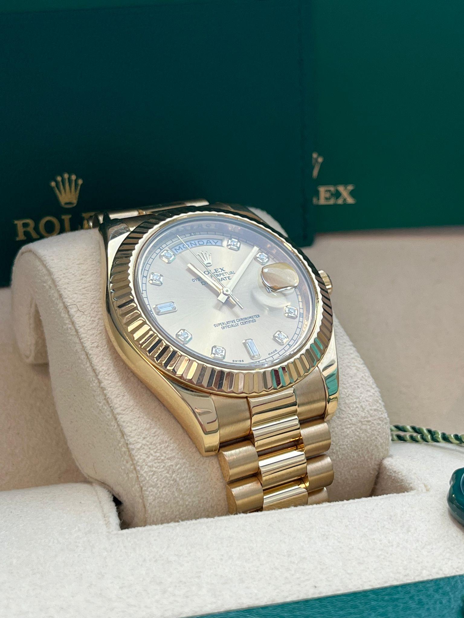 Rolex Day-Date II Yellow Gold Fluted Bezel Champagne Diamond Dial Watch 218238 For Sale 3