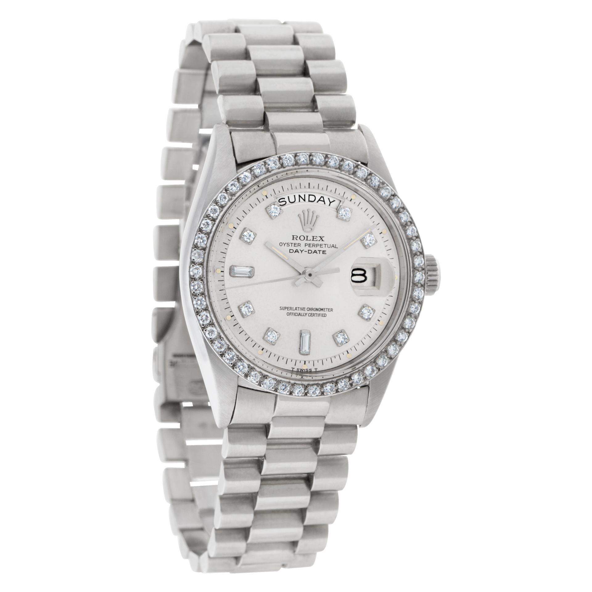 Rolex Day-Date with custom diamond dial and custom diamond bezel in 18k white gold with rebuilt president bracelet. Auto w/ sweep seconds, date and day. 36 mm case size. Ref 1803. Circa 1967.  **Bank wire only at this price** Fine Pre-owned Rolex