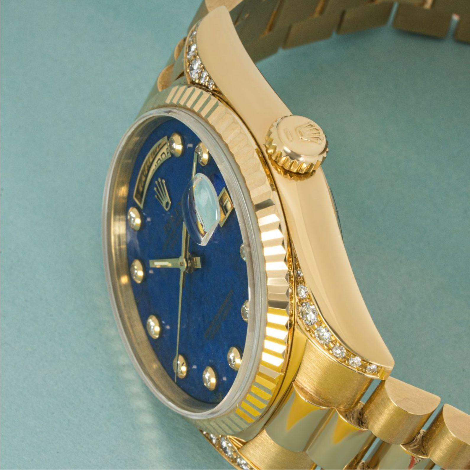 Rolex Day-Date Lapis Lazuli Pyramid Diamond Dial 18338 In Excellent Condition In Mayfair, London, London