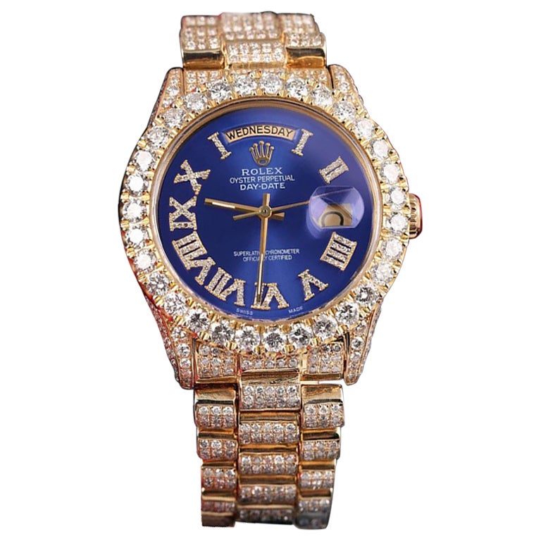 Rolex Day-Date Light Blue Roman Diamond Dial Iced Out Yellow Gold Watch 18038