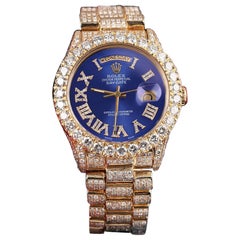 Rolex Day-Date Light Blue Roman Diamond Dial Iced Out Yellow Gold Watch 18038