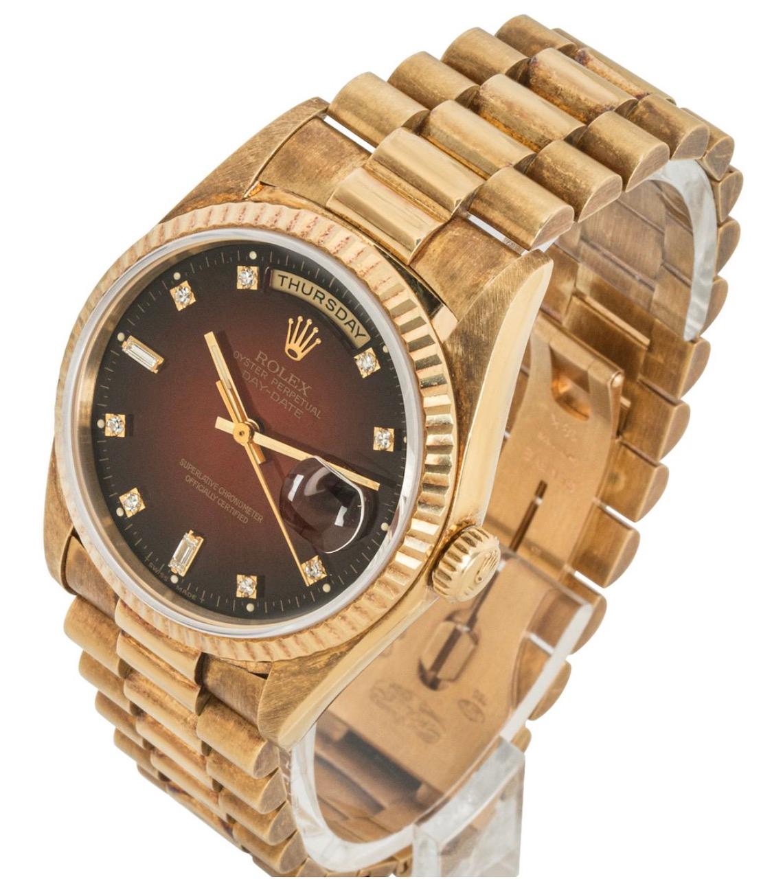 Round Cut Rolex Day-Date Maroon Vinette Diamond Dial 18238 Watch