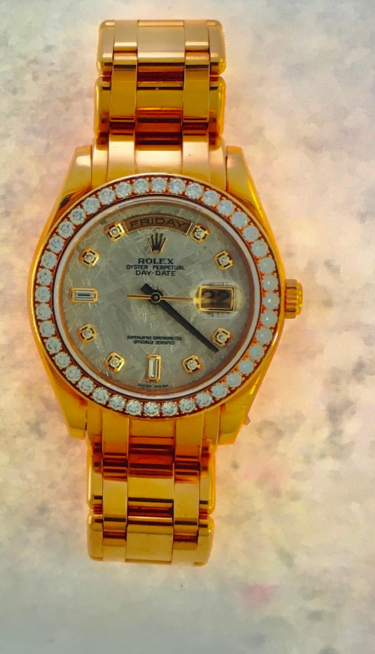 Authentic Rolex Unisex 18 karat Gold Master Piece, with the  Meteorite Diamond Dial Rear 2005. The current replacement list price is: $57,400 This is a 