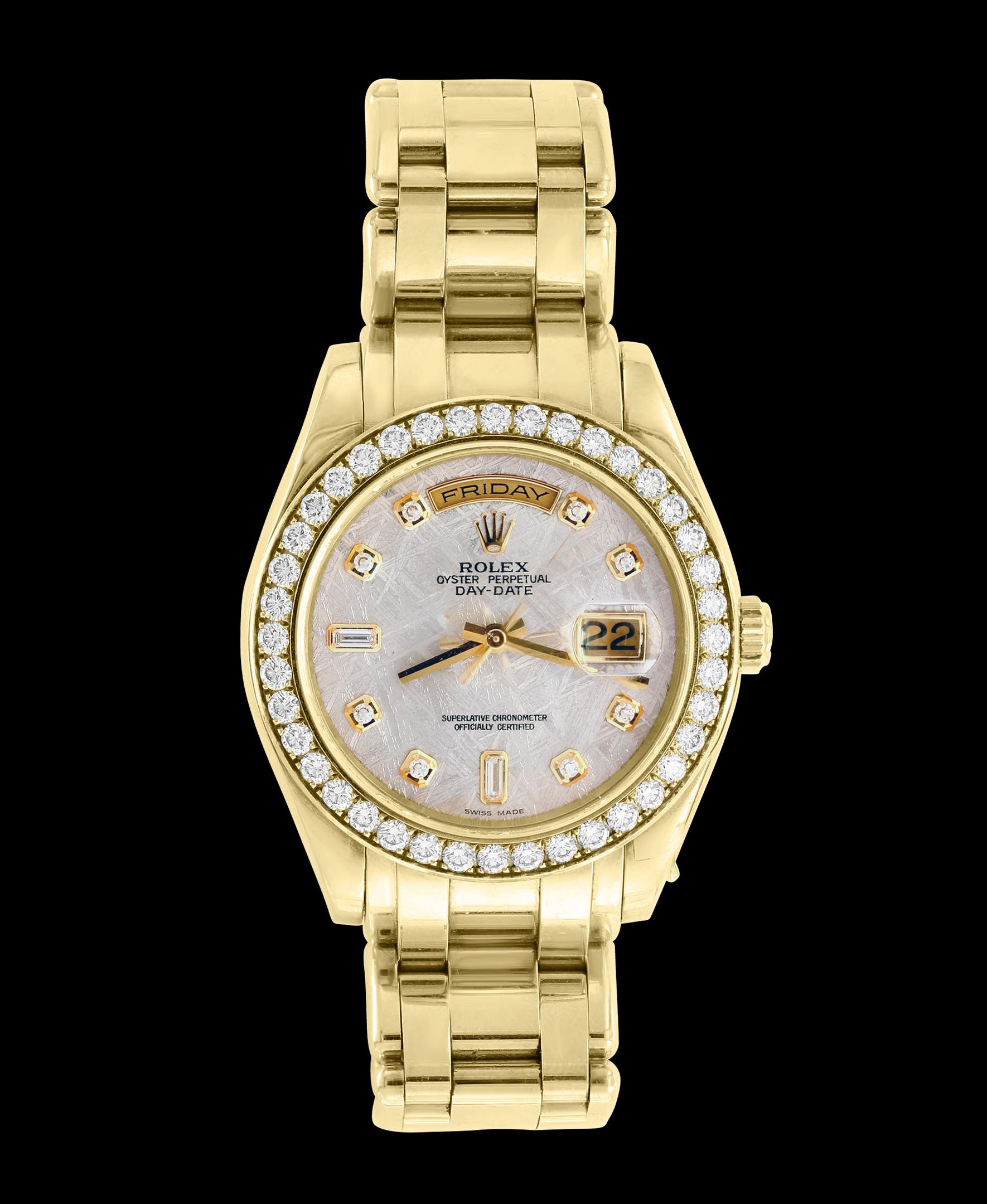 Round Cut Rolex Day-Date Masterpiece 18 Karat Yellow Gold Watch Meteorite Diamond Dial