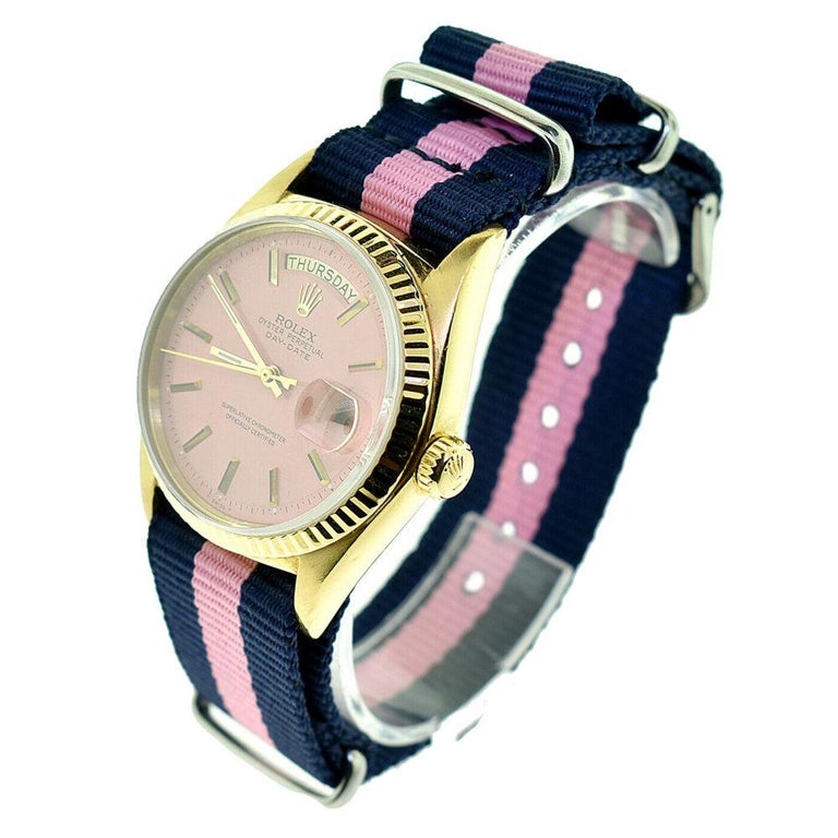 Rolex DayDate Oyster Perpetual Yellow Gold Pink Dial Nato Strap Watch