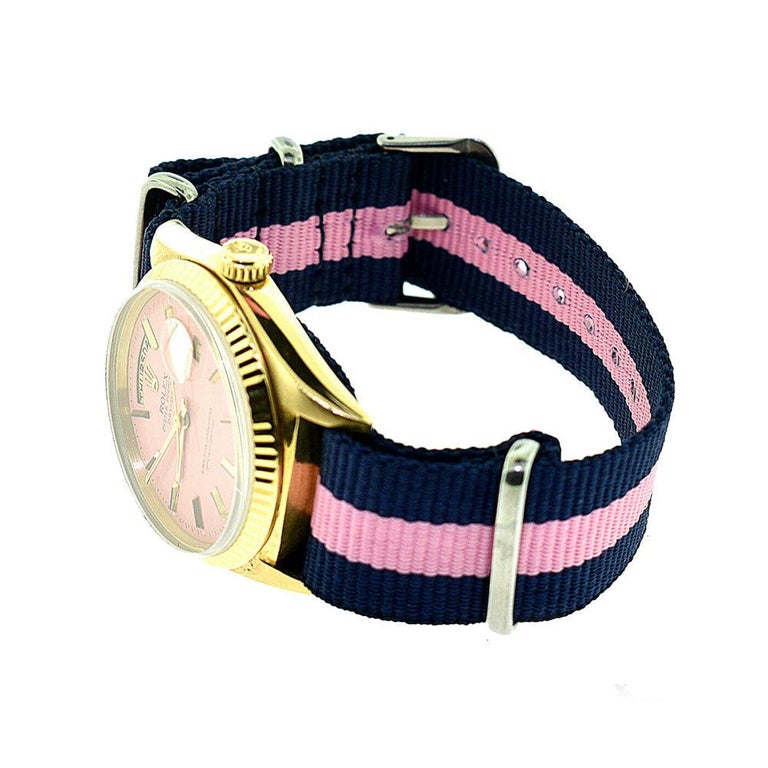 Rolex DayDate Oyster Perpetual Yellow Gold Pink Dial Nato Strap Watch