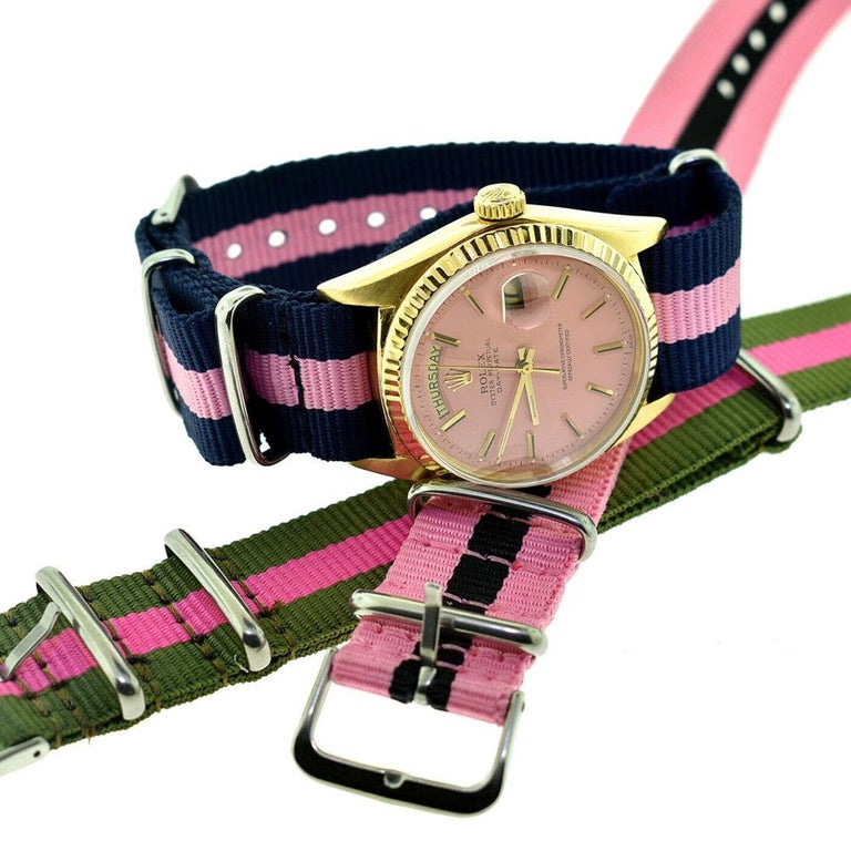 Rolex DayDate Oyster Perpetual Yellow Gold Pink Dial Nato Strap Watch
