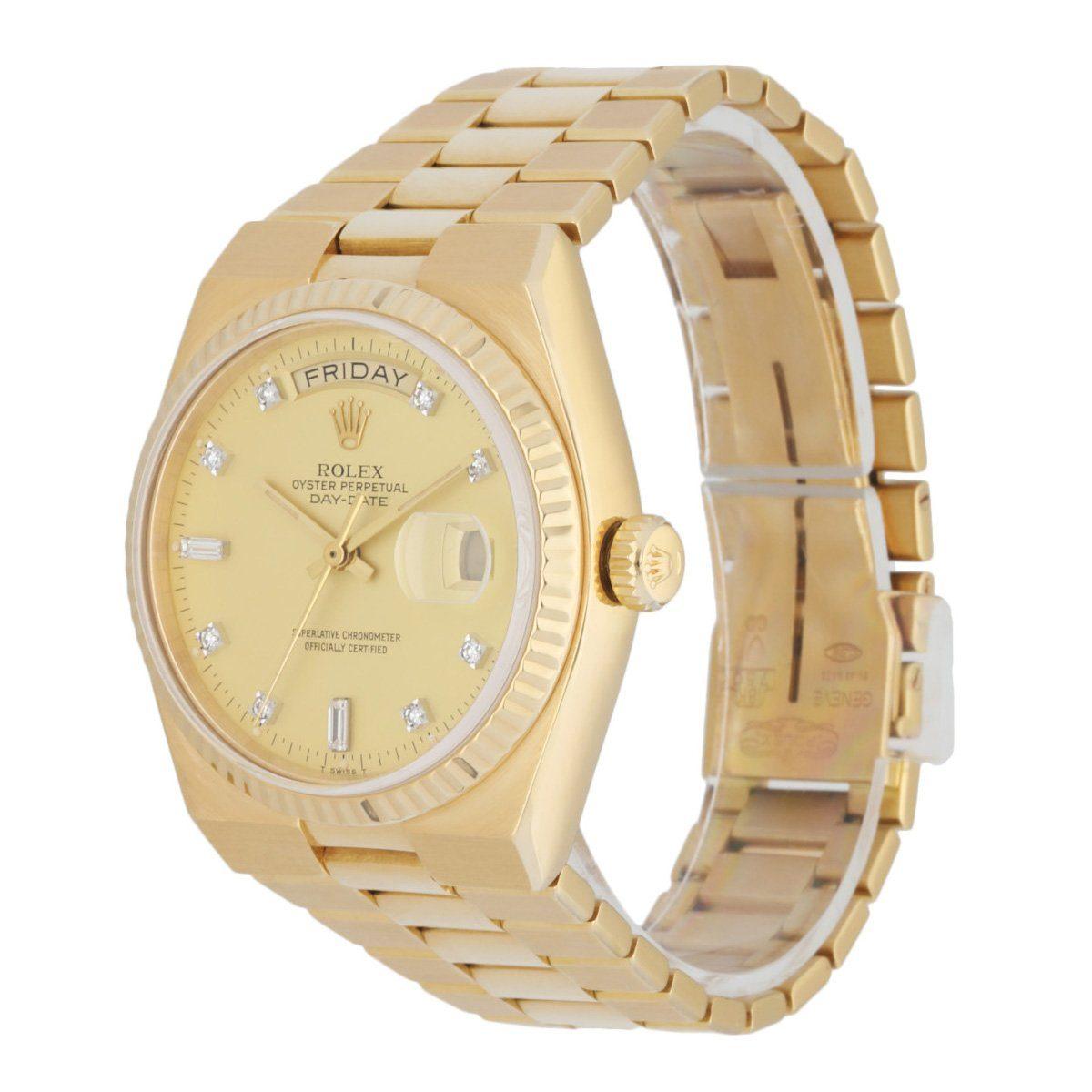 Rolex Oysterquartz president Day date 19018 men's watch. 36MM 18K yellow gold case with 18K yellow gold fluted bezel. Champagne dial with gold hands andÂ factory diamond set hour marker. Date display at 3 o'clock; day display at 12 o'clock position.