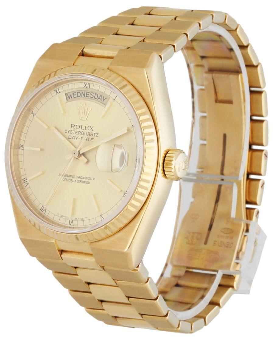 Rolex Oysterquartz president Day date 19018 men's watch. 36MM 18K yellow gold case with 18K yellow gold fluted bezel. Champagne dial with luminous gold hands and gold index hour marker. Date display at 3 o'clock; day display at 12 o'clock position.