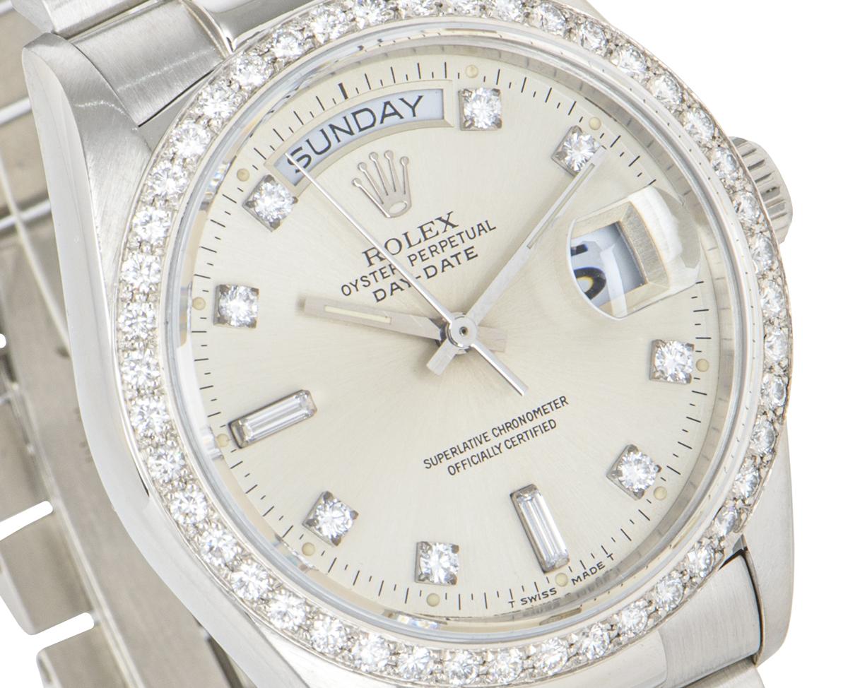 Brilliant Cut Rolex Day-Date Platinum Silver Dial Diamond Set 18046