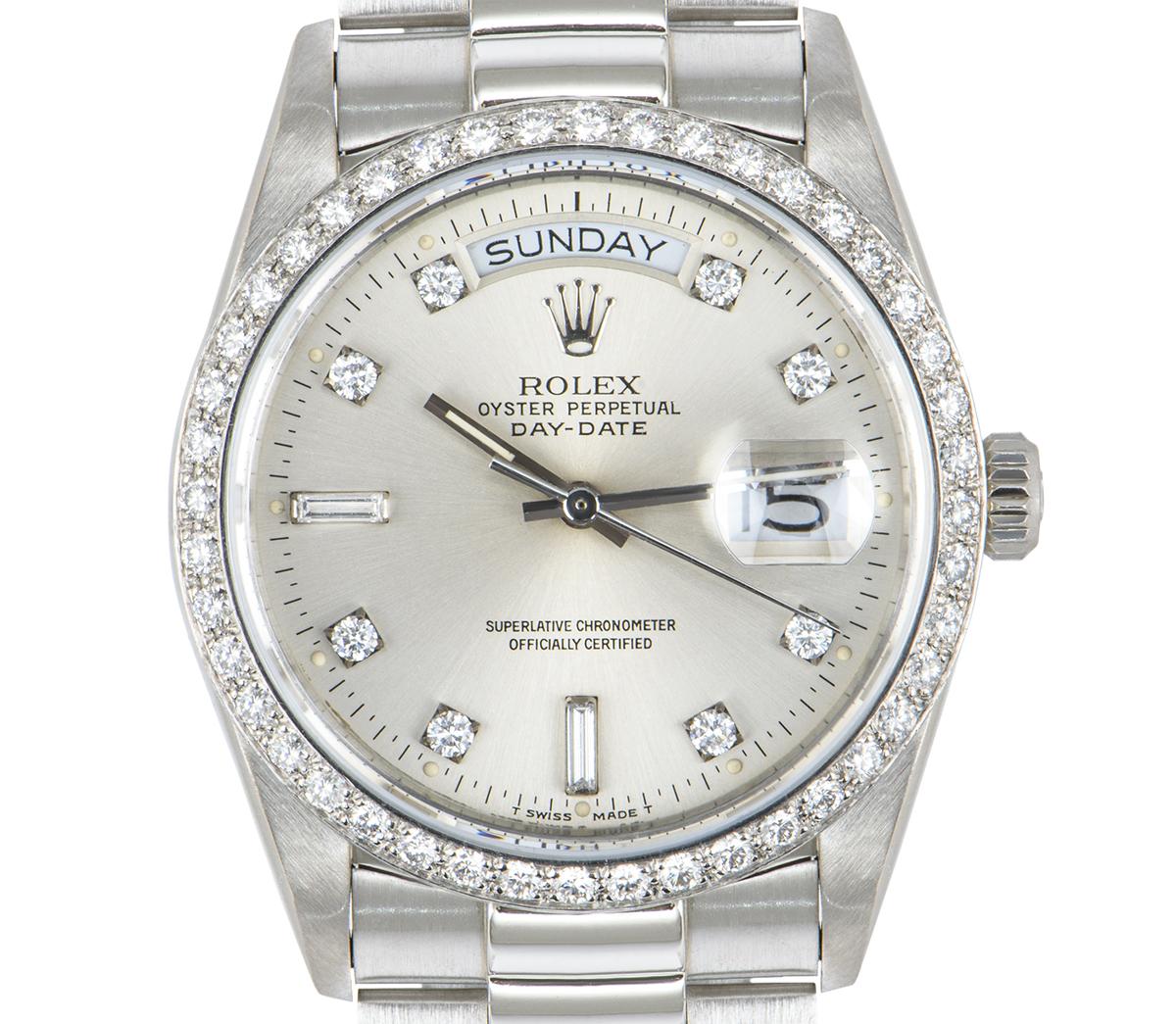 Women's Rolex Day-Date Platinum Silver Dial Diamond Set 18046