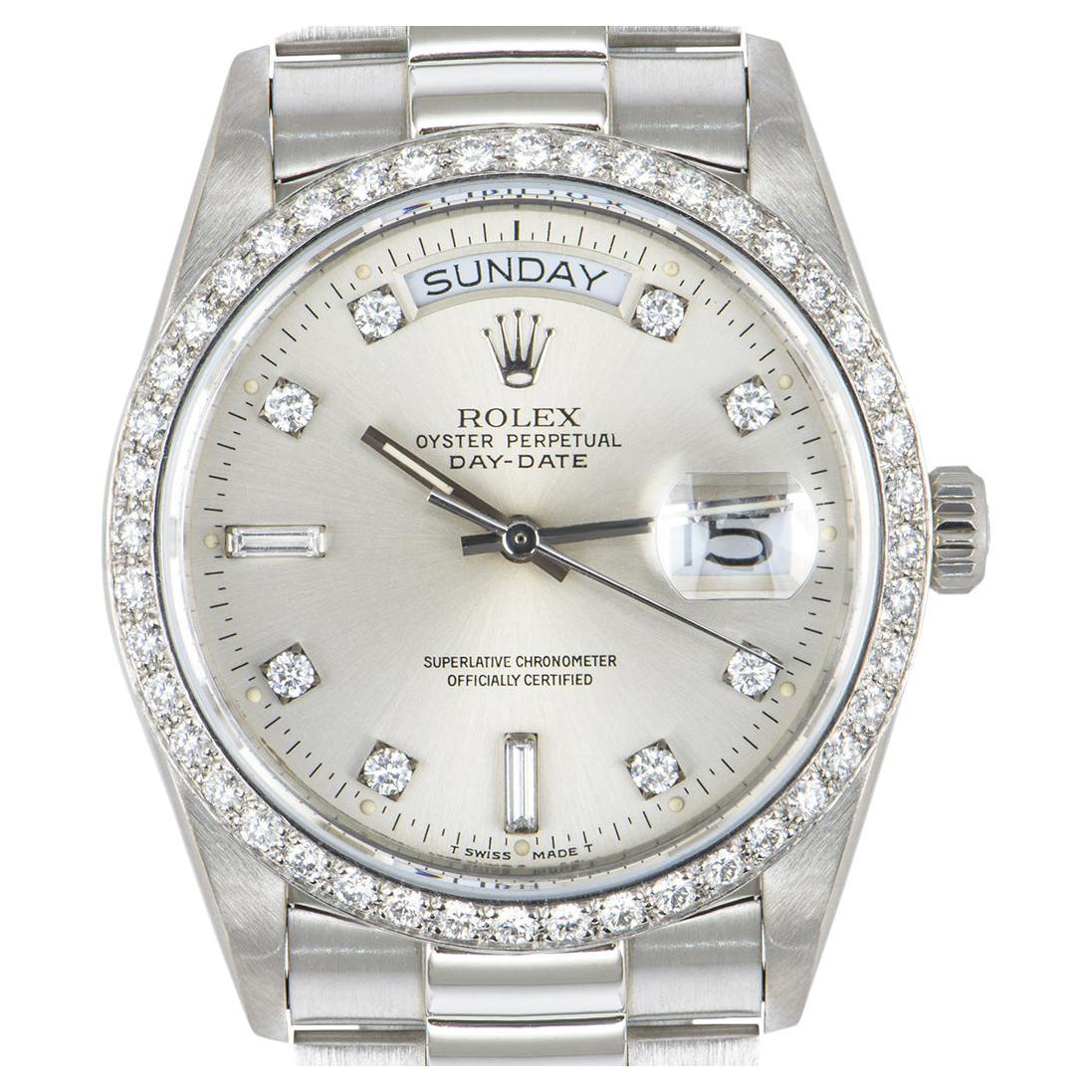 Rolex Day-Date Platinum Silver Dial Diamond Set 18046