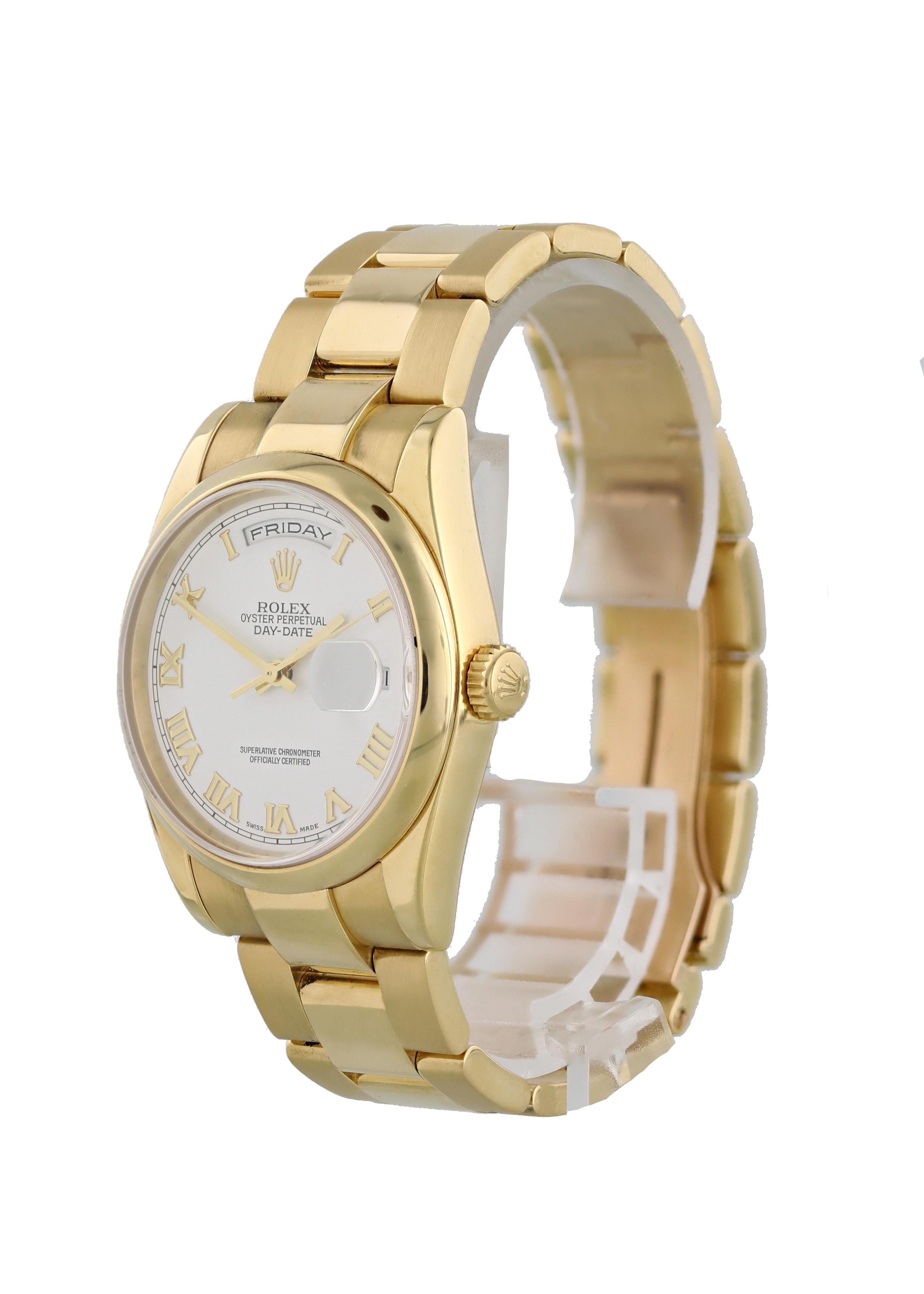 Rolex Day-Date President 118208 18k Yellow Gold Mens Watch. 36mm 18k yellow gold case with smooth bezel. White dial with gold-tone hands and Arabic numeral hour markers. Minute markers on the outer dial. Date display at the 3 o'clock position. 18k