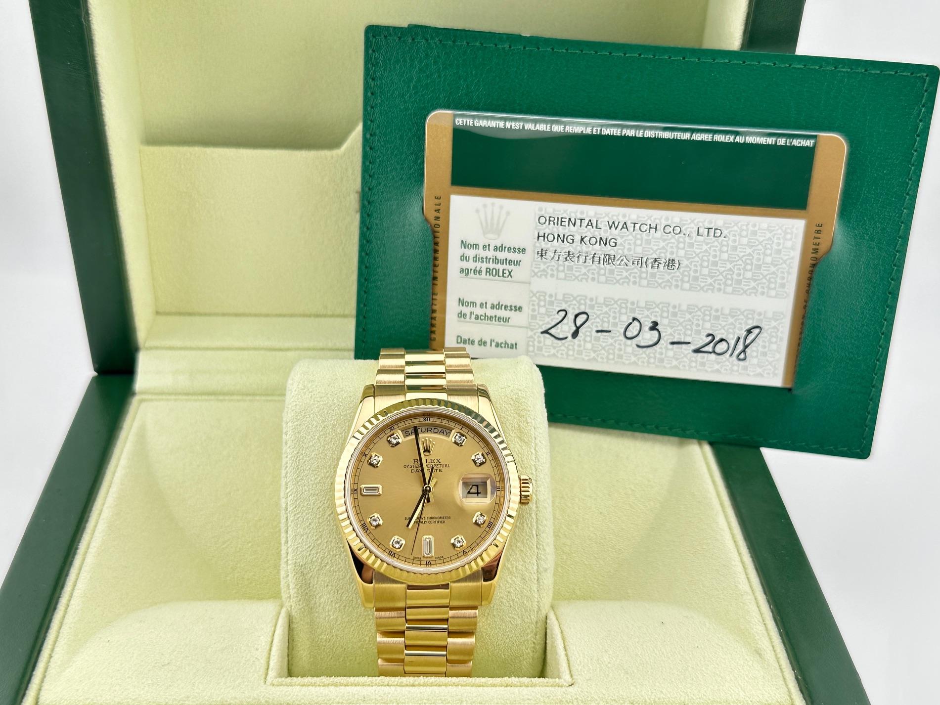 Rolex Day Date Präsident 118238 36mm Champagner Diamant-Zifferblatt 18K Gold Box Papiere im Zustand „Hervorragend“ in San Diego, CA