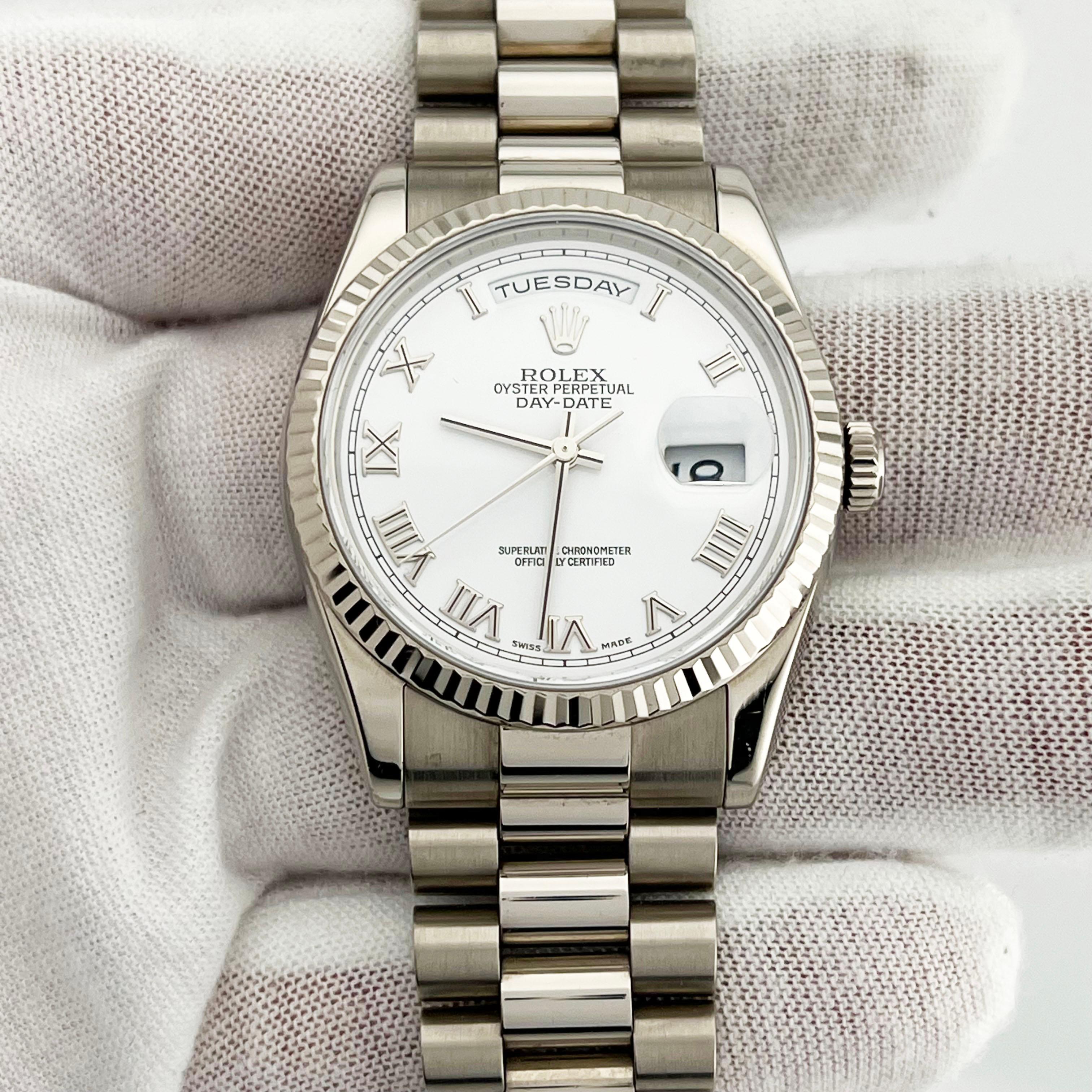Rolex Day Date President 118239 36mm Blanco Esfera Romana 18K Oro Blanco Caja Papeles en venta 1