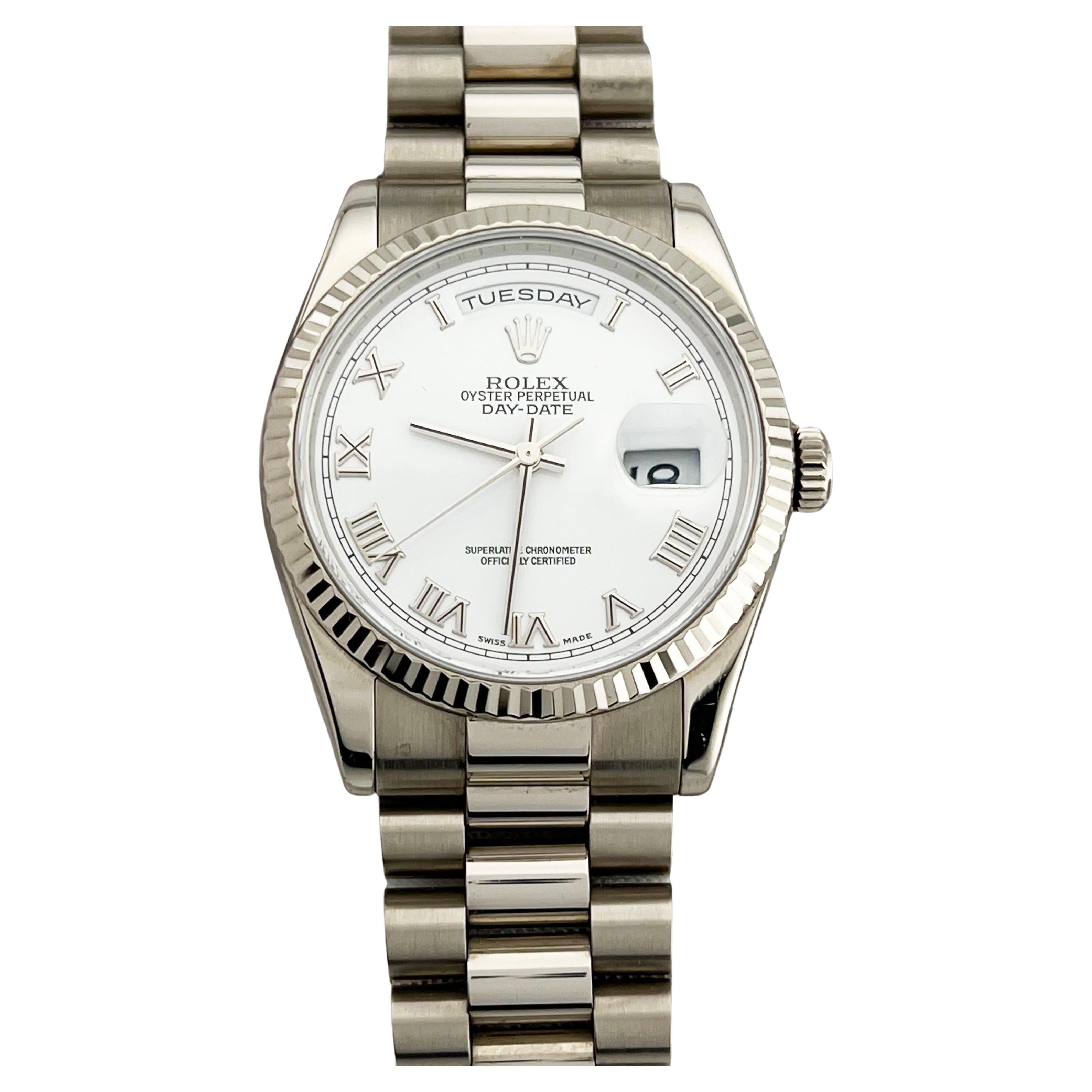 Rolex Day Date President 118239 36mm Blanco Esfera Romana 18K Oro Blanco Caja Papeles en venta