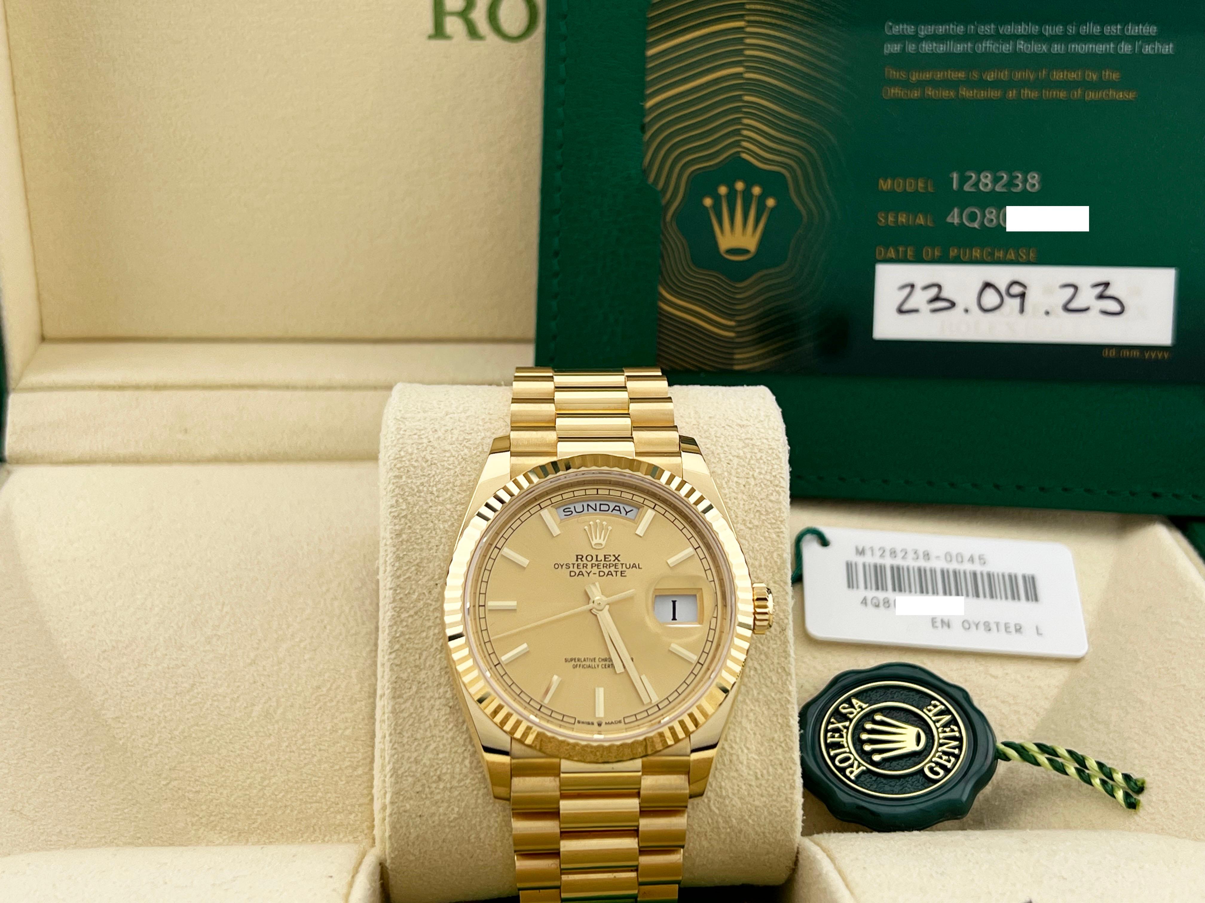 Style Number: 128238



Year: 2023

 

Model: Rolex Day-Date President

 

Case Material: 18K Yellow Gold

 

Band: 18K Yellow Gold

  

Bezel: 18K Yellow Gold

  

Dial: Champagne

 

Face: Sapphire Crystal

 

Case Size: 36mm

 

Includes: