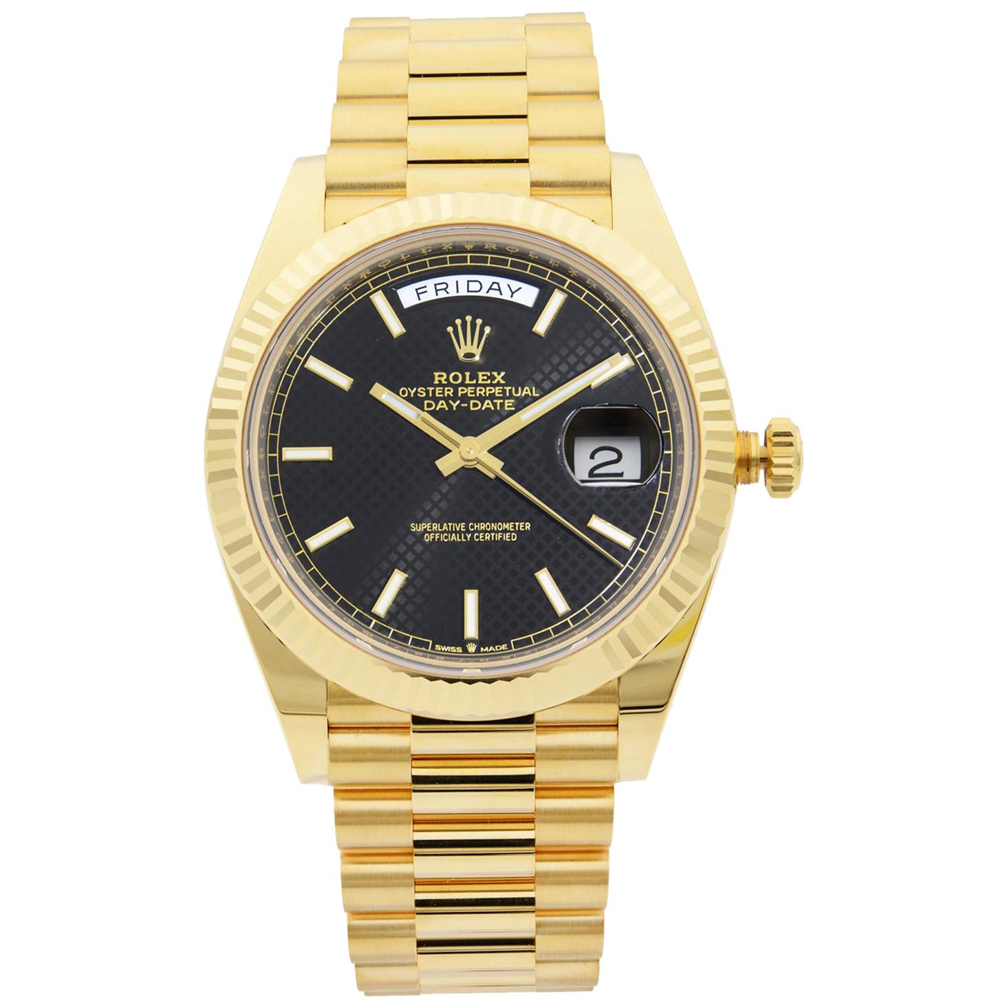 Rolex Day-Date President 18 Karat Gold Black Diagonal-Motif Men’s Watch 228238