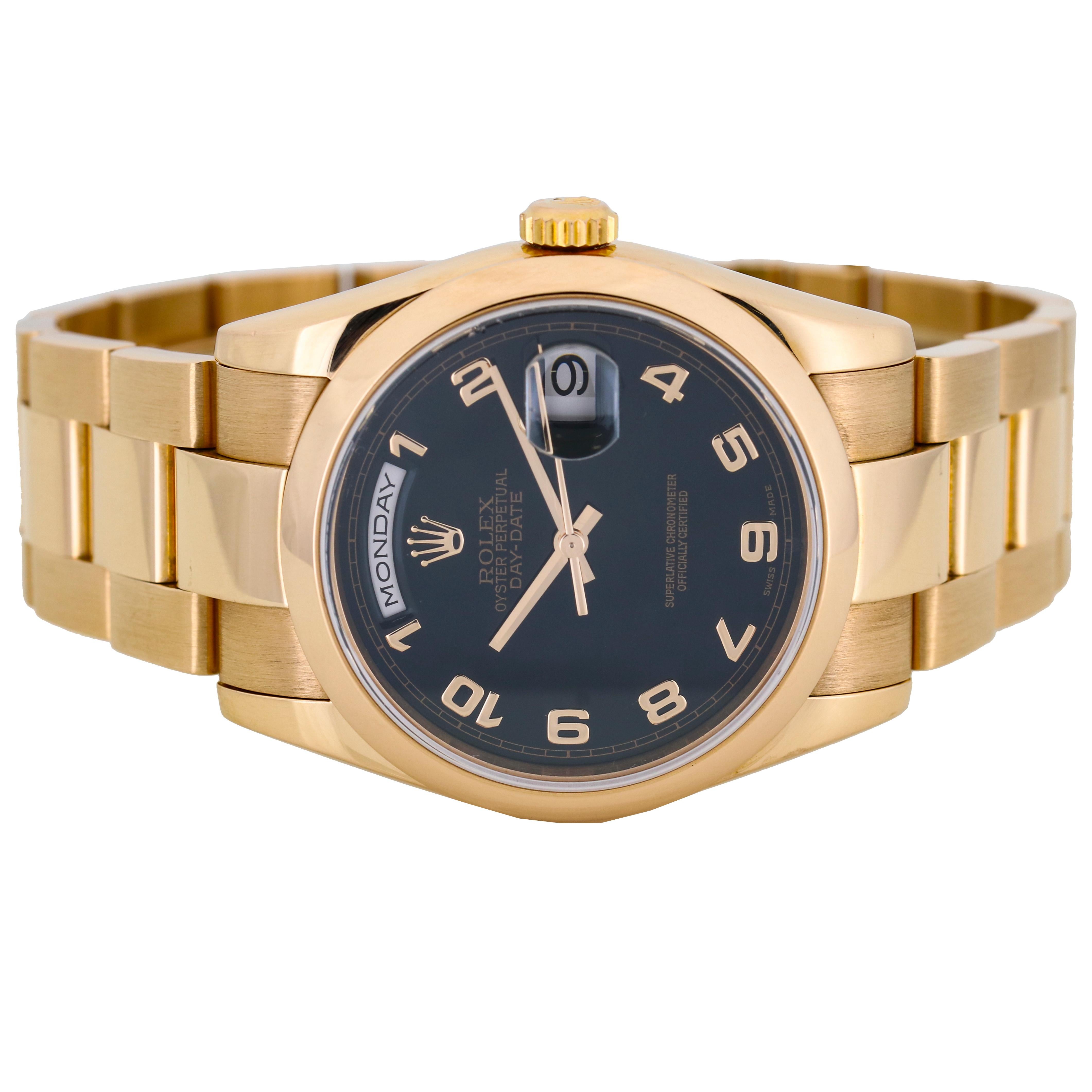 Rolex Day-Date President 18 Karat Rose Gold Arabic Black Dial 118205 For Sale 1
