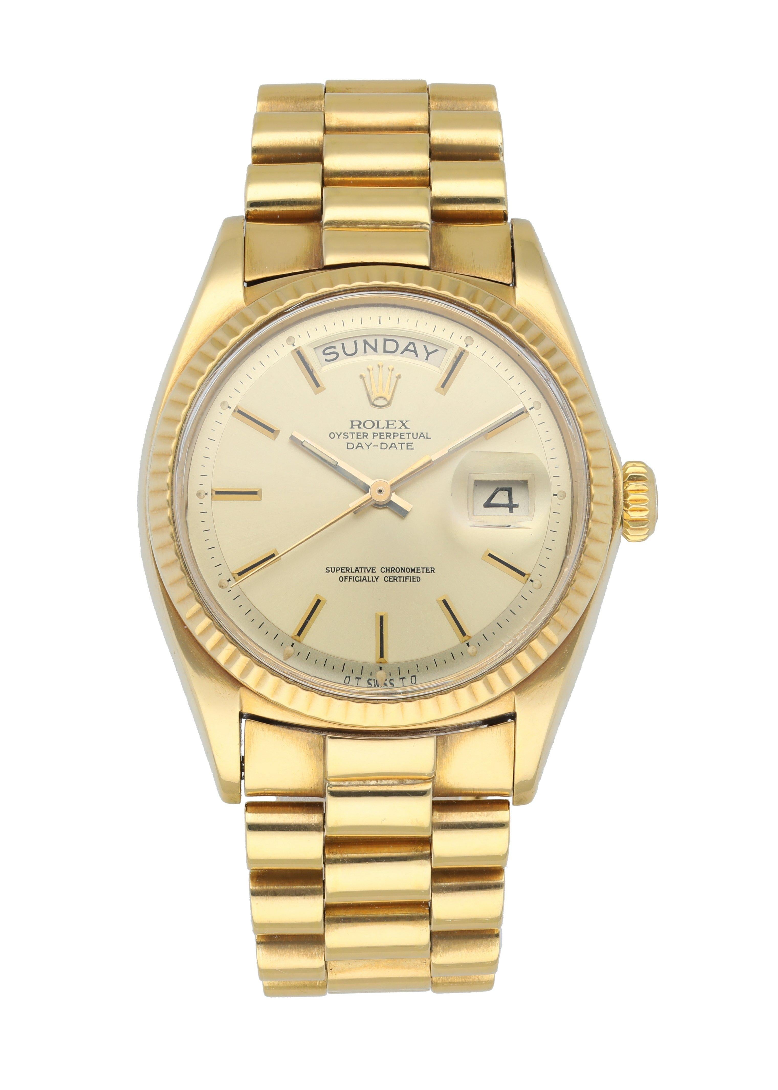 Rolex Day-Date President 1803 Men's Watch. 
36mm 18k Yellow gold case. 
Yellow Gold fluted bezel. 
Gold dial with gold hands and index hour markers. 
Minute markers on the outer dial. 
Date display at the 3 o'clock position. 
Yellow Gold Bracelet