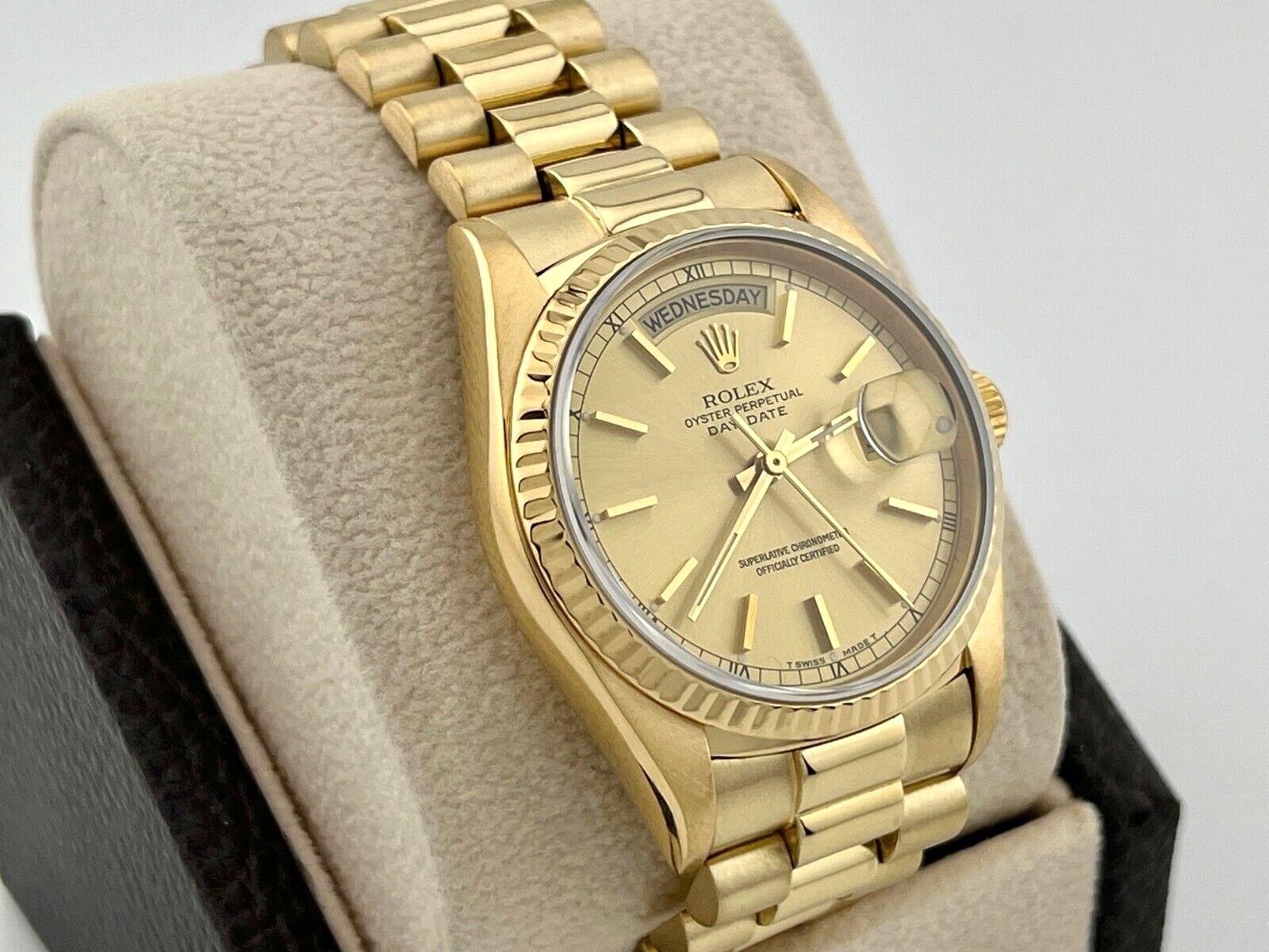 Style Number: 18038



Serial: R507***



Year: 1988

 

Model: Rolex President Day Date

 

Case Material: 18K Yellow Gold  

 

Band: Custom 18K Yellow Gold

  

Bezel: 18K Yellow Gold 

  

Dial: Champagne

  

Face: Sapphire Crystal 

 

Case