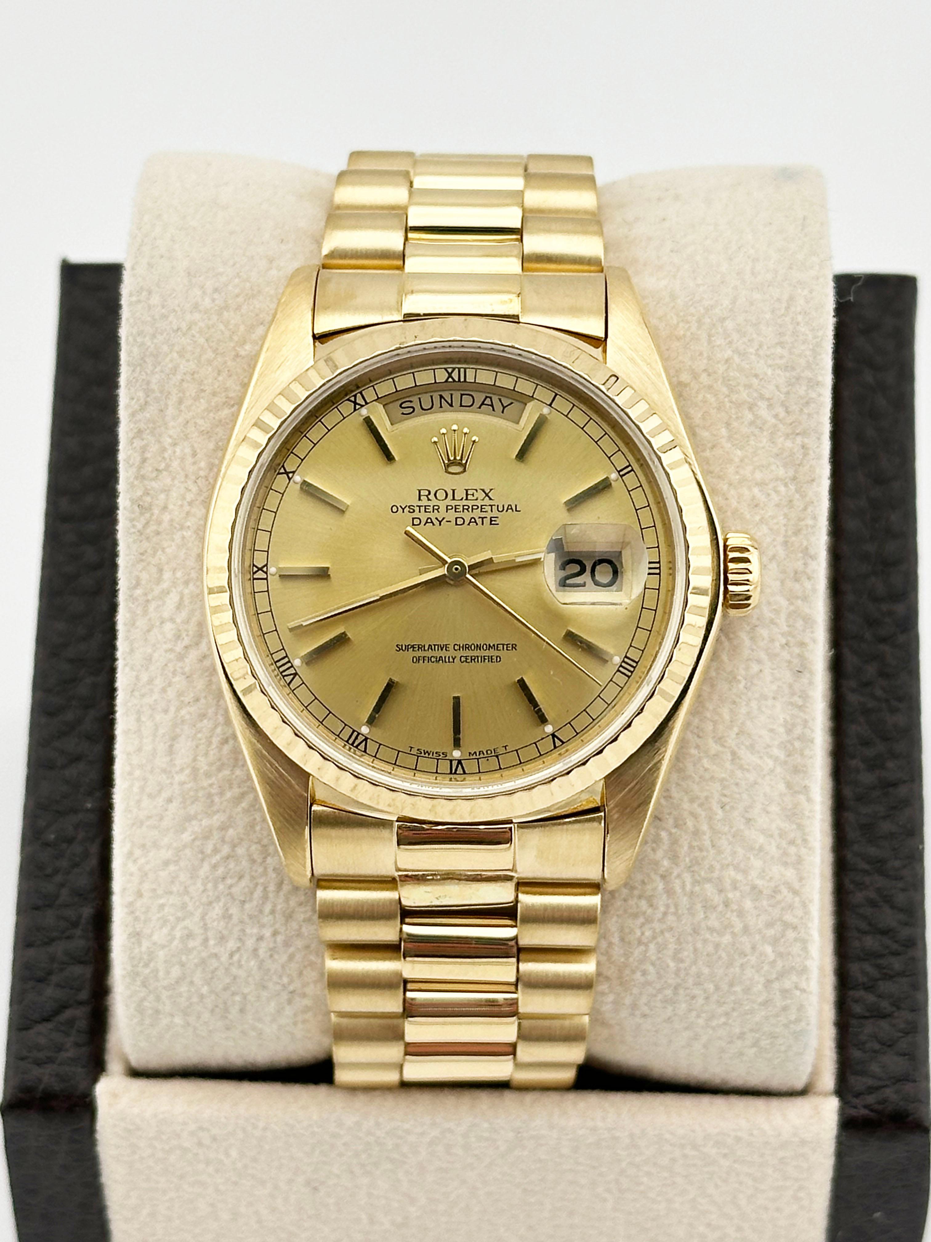 Style Number: 18038



Serial: 6653***



Year: 1981

 

Model: Rolex President Day Date

 

Case Material: 18K Yellow Gold 

 

Band: 18K Yellow Gold 

  

Bezel: 18K Yellow Gold 

  

Dial: Champagne 

 

Face: Sapphire Crystal 

 

Case Size: