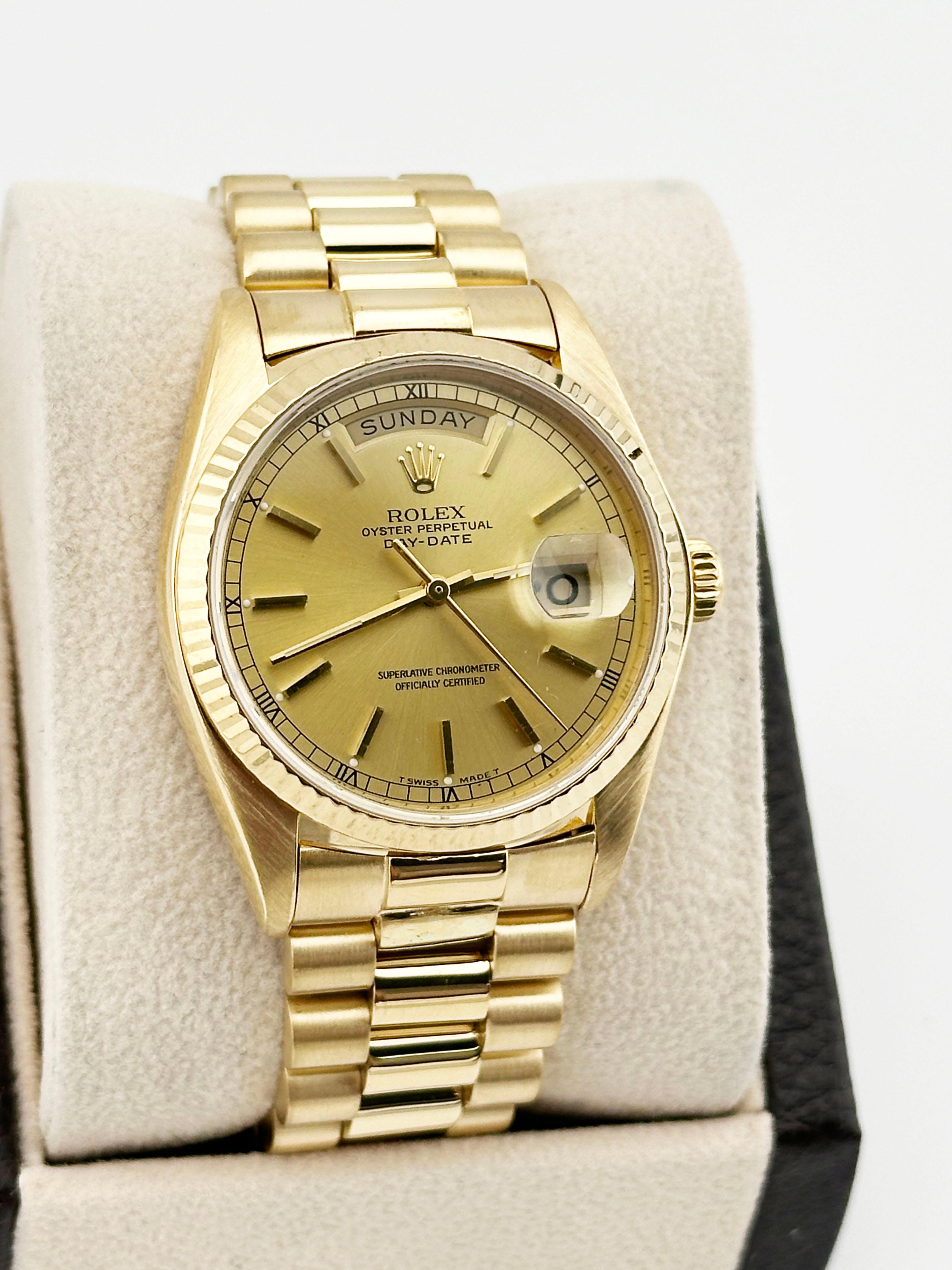 Rolex Day Date President 18038 Champagne Dial 18K Yellow Gold 36mm In Excellent Condition In San Diego, CA