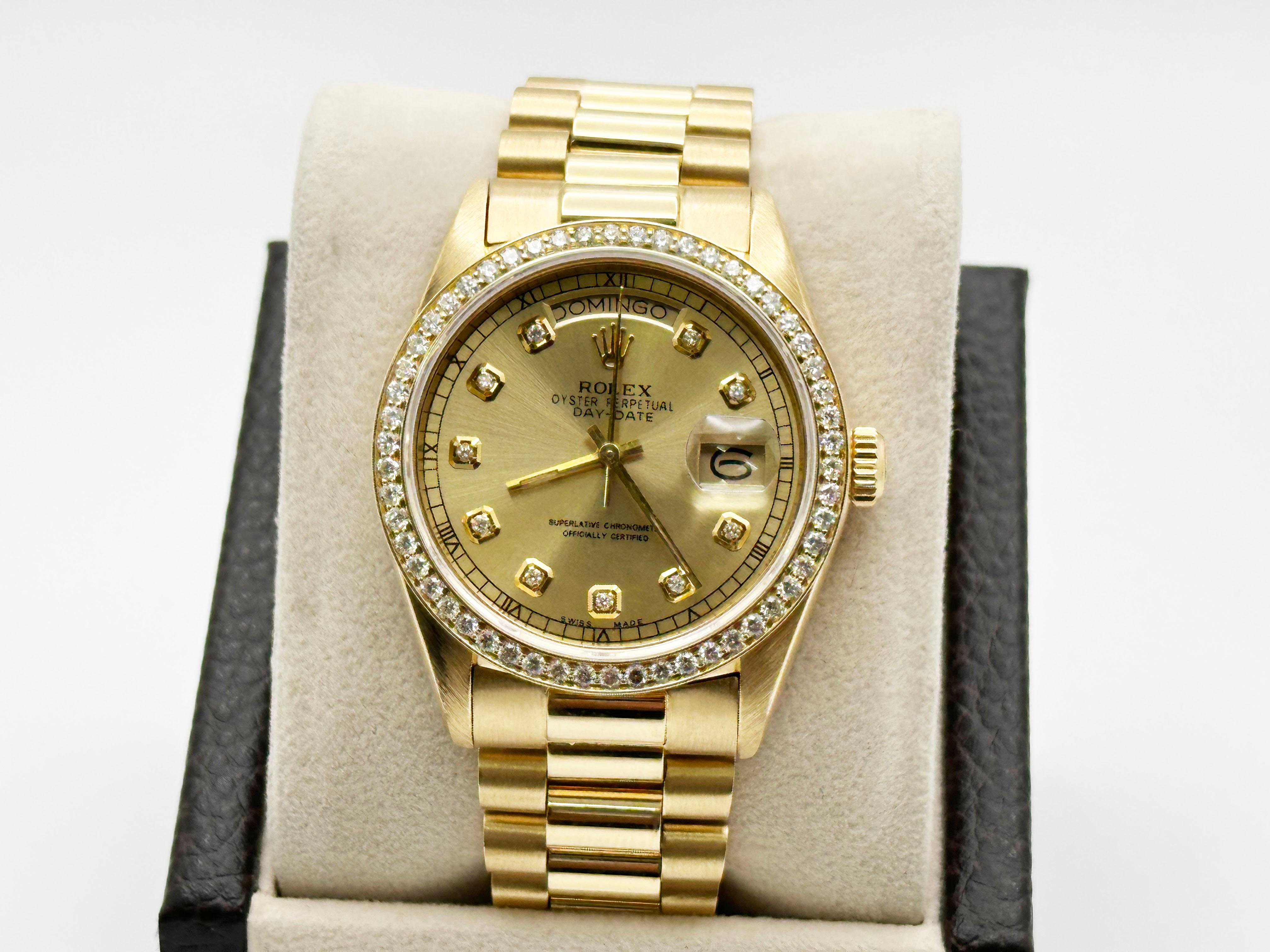 Style Number: 18038



Serial: 6654***



Year: 1981

 

Model: Rolex President Day Date 

 

Case Material: 18K Yellow Gold 

 

Band: 18K Yellow Gold 

 

Bezel: Custom Diamond Bezel 

 

Dial: Custom Champagne Diamond Dial 

 

Face: Sapphire