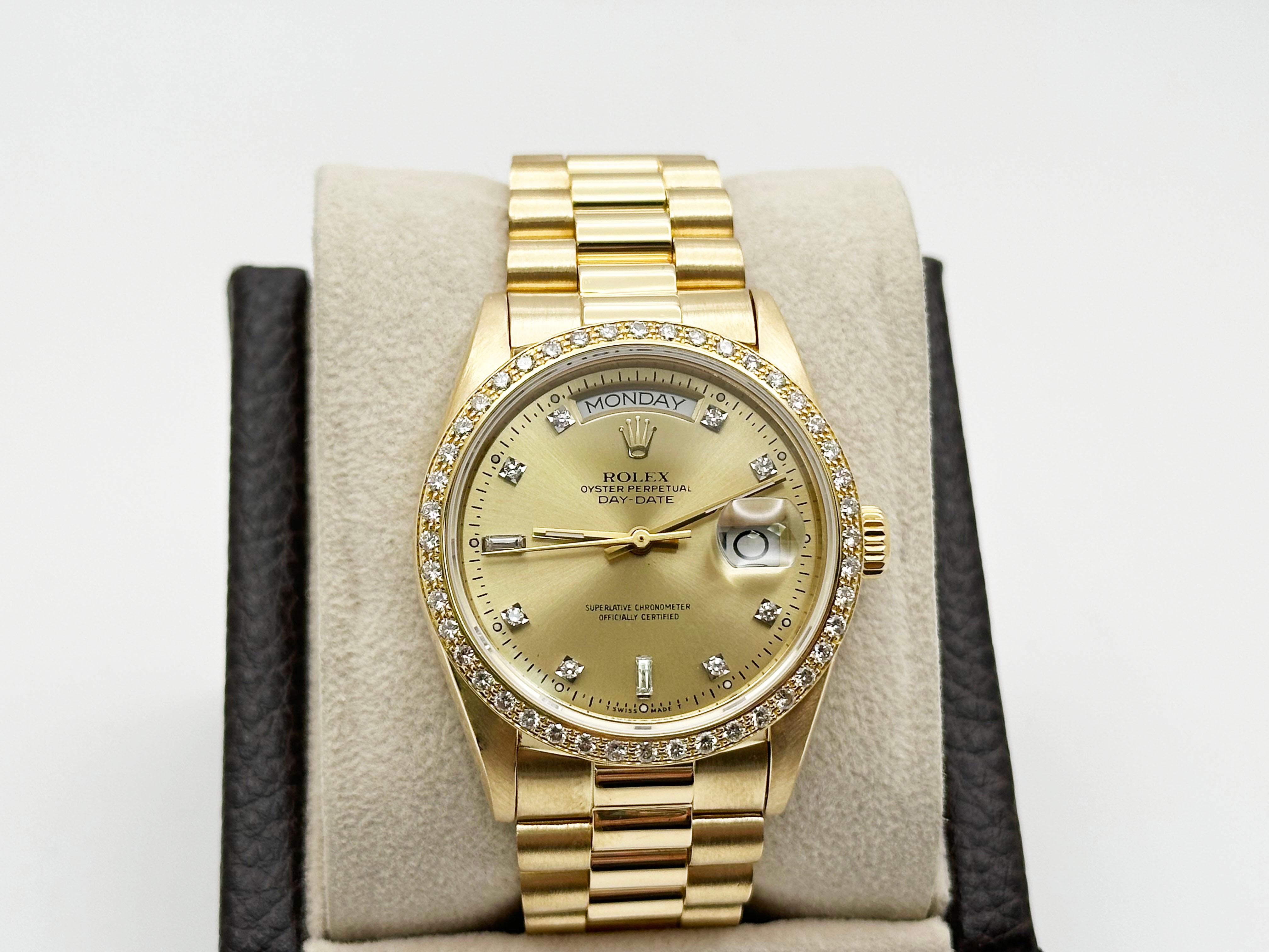 Style Number: 18038



Serial: 8499***



Year: 1984

 

Model: Rolex President Day Date 

 

Case Material: 18K Yellow Gold

 

Band: 18K Yellow Gold

  

Bezel: Custom Diamond Bezel 

  

Dial: Custom Champagne Diamond Dial 

 

Face: Sapphire