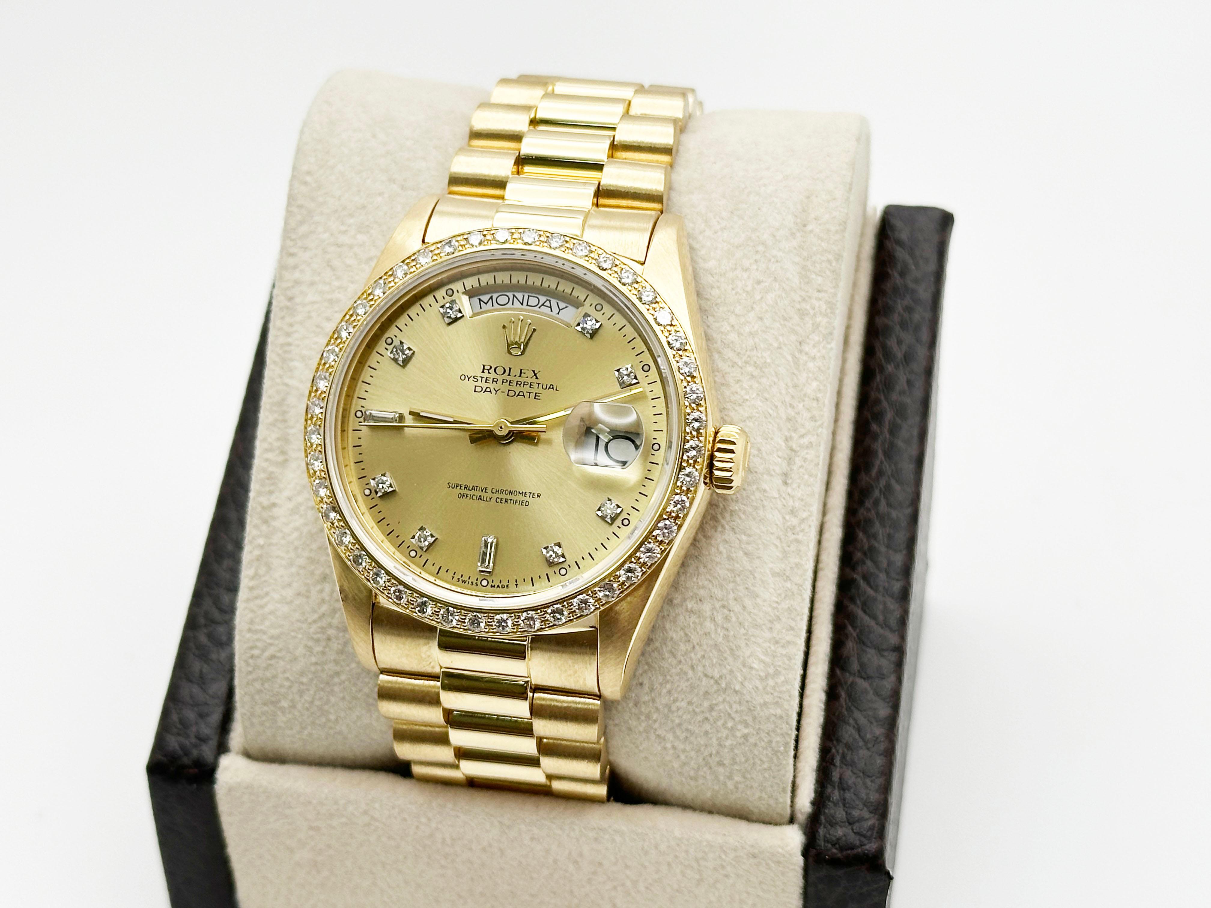 Rolex Day Date President 18038 Champagne Diamond Dial Diamond Bezel 18K Gold In Excellent Condition For Sale In San Diego, CA