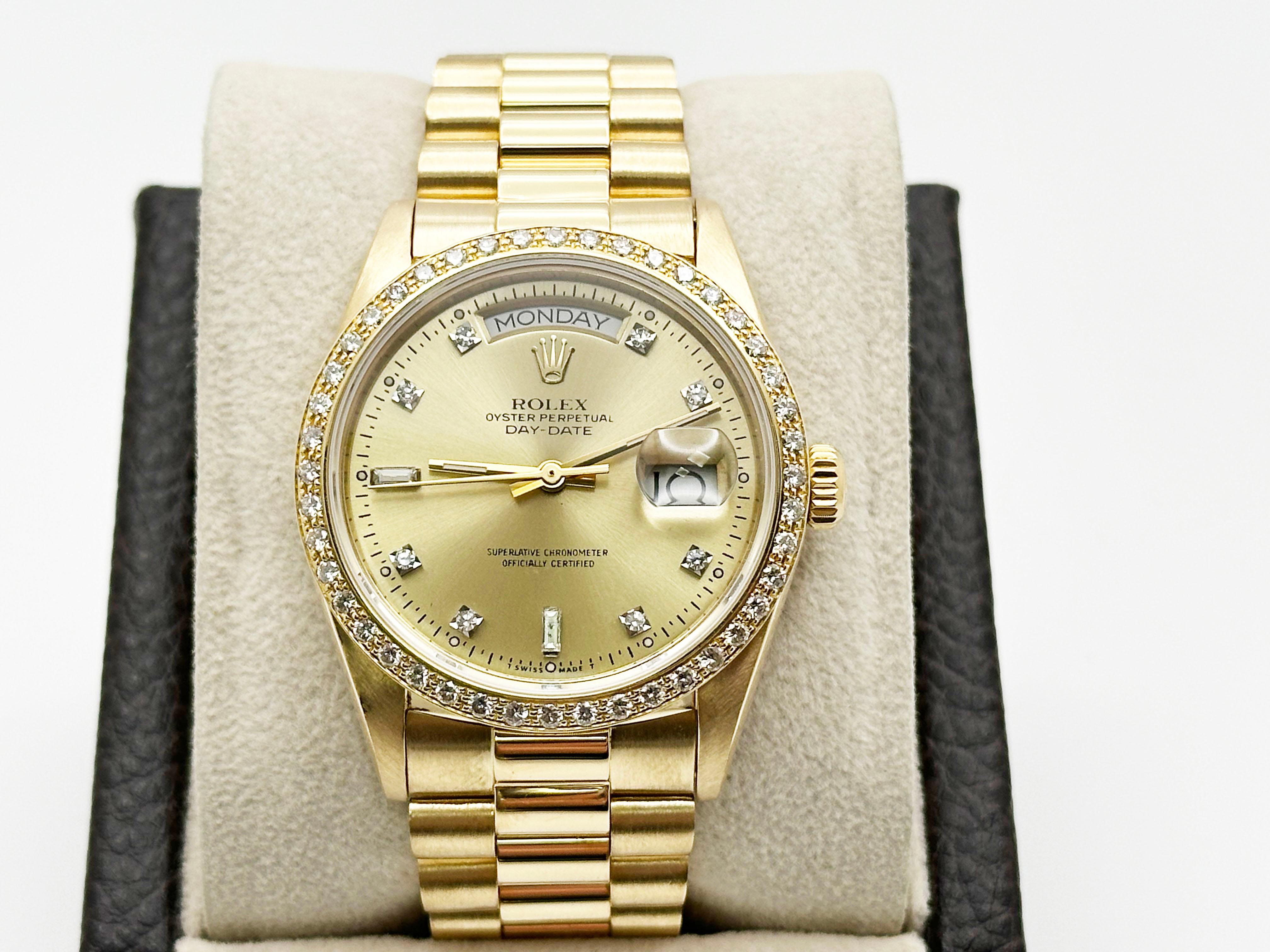 Men's Rolex Day Date President 18038 Champagne Diamond Dial Diamond Bezel 18K Gold For Sale