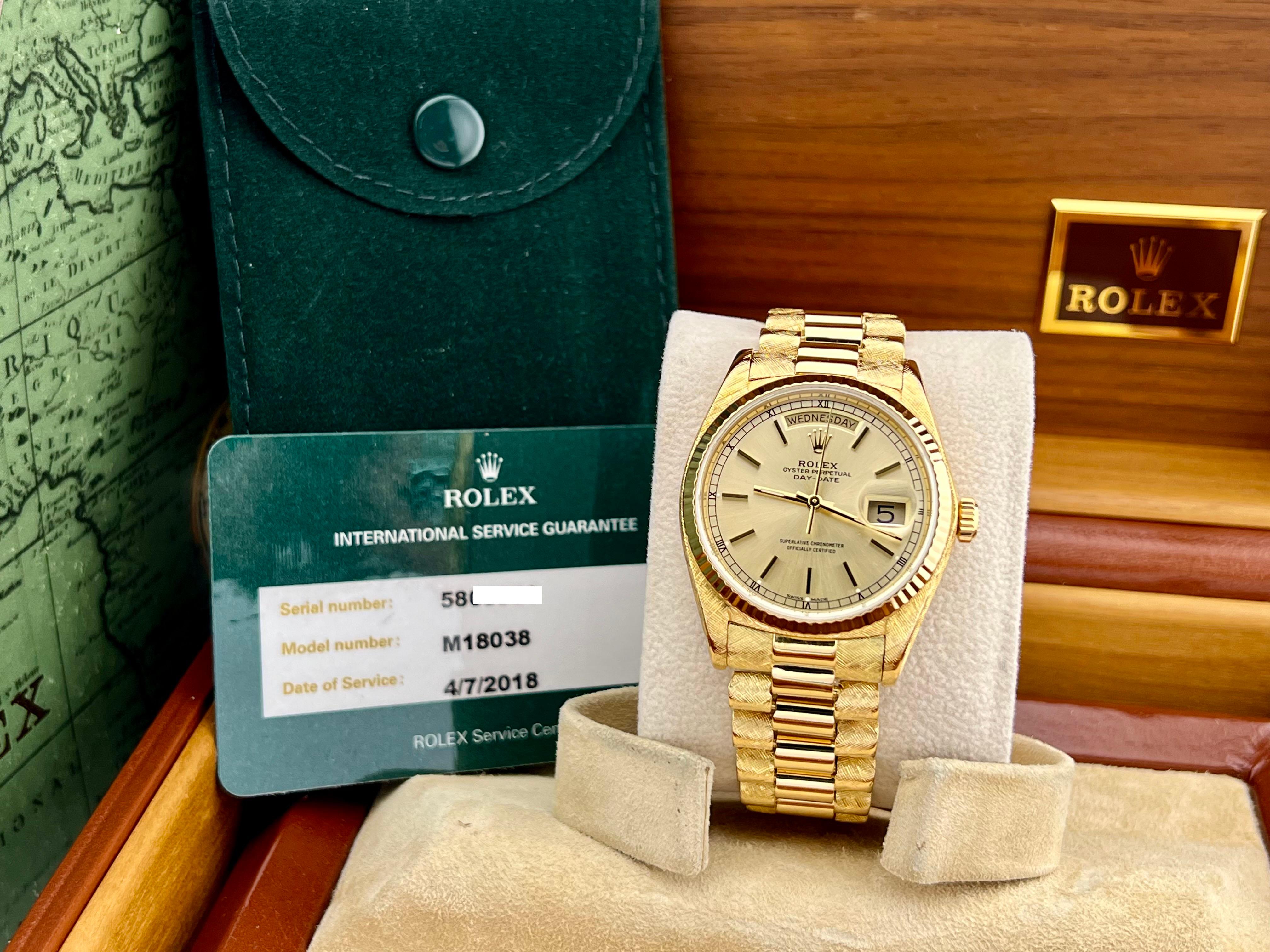 Rolex Day Date President 18038 Florentine 18K Yellow Gold Box Service Card For Sale 6