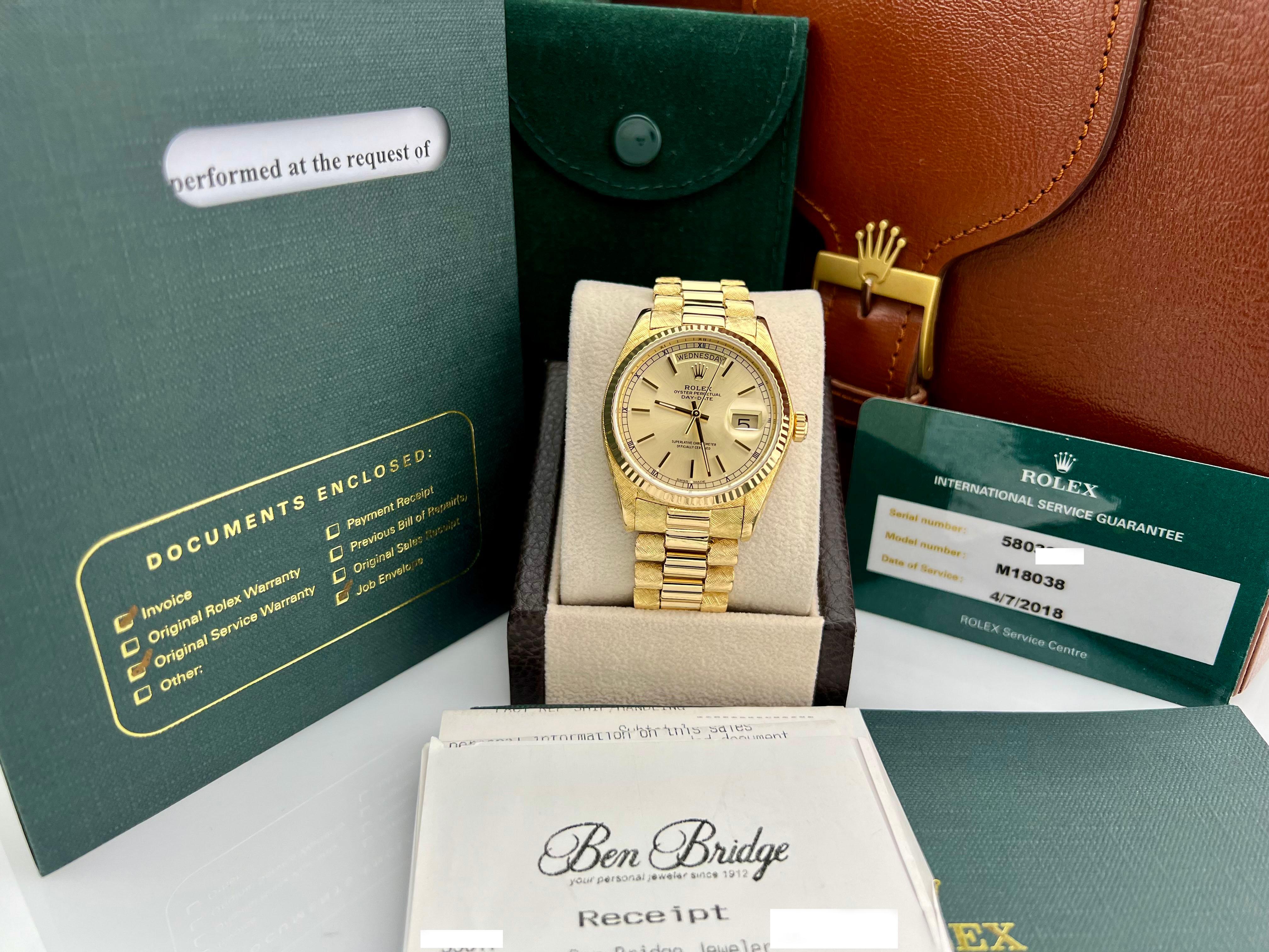 Rolex Day Date President 18038 Florentine 18K Yellow Gold Box Service Card For Sale 7