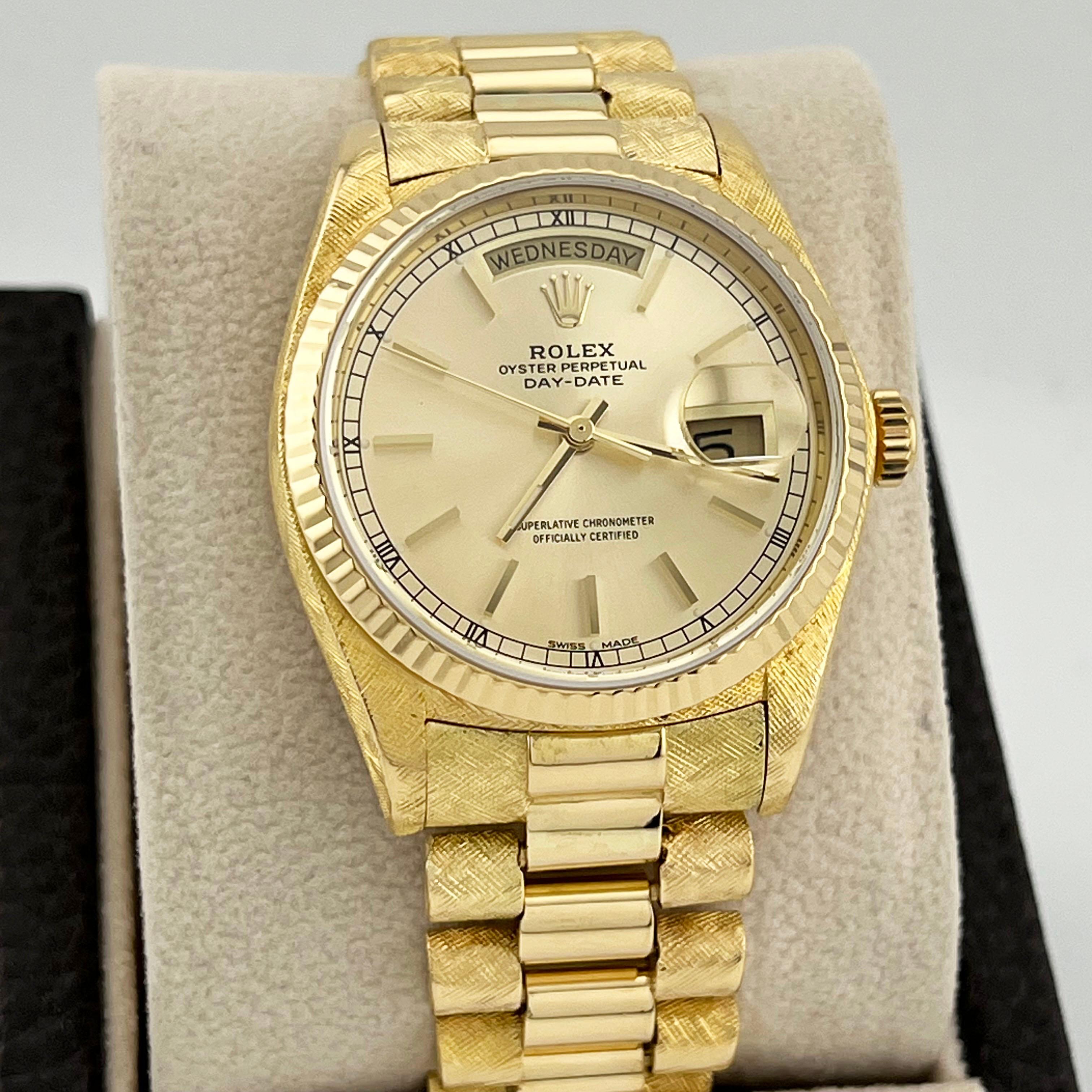 Style Number: 18038

Serial: 5803***

Year: 1979

Model: Rolex Day Date President  

Case Material: 18K Yellow Gold 

Band: 18K Yellow Gold 

Bezel: 18K Yellow Gold 

Dial: Champagne Dial 

Face: Sapphire Crystal 

Case Size: 36mm
