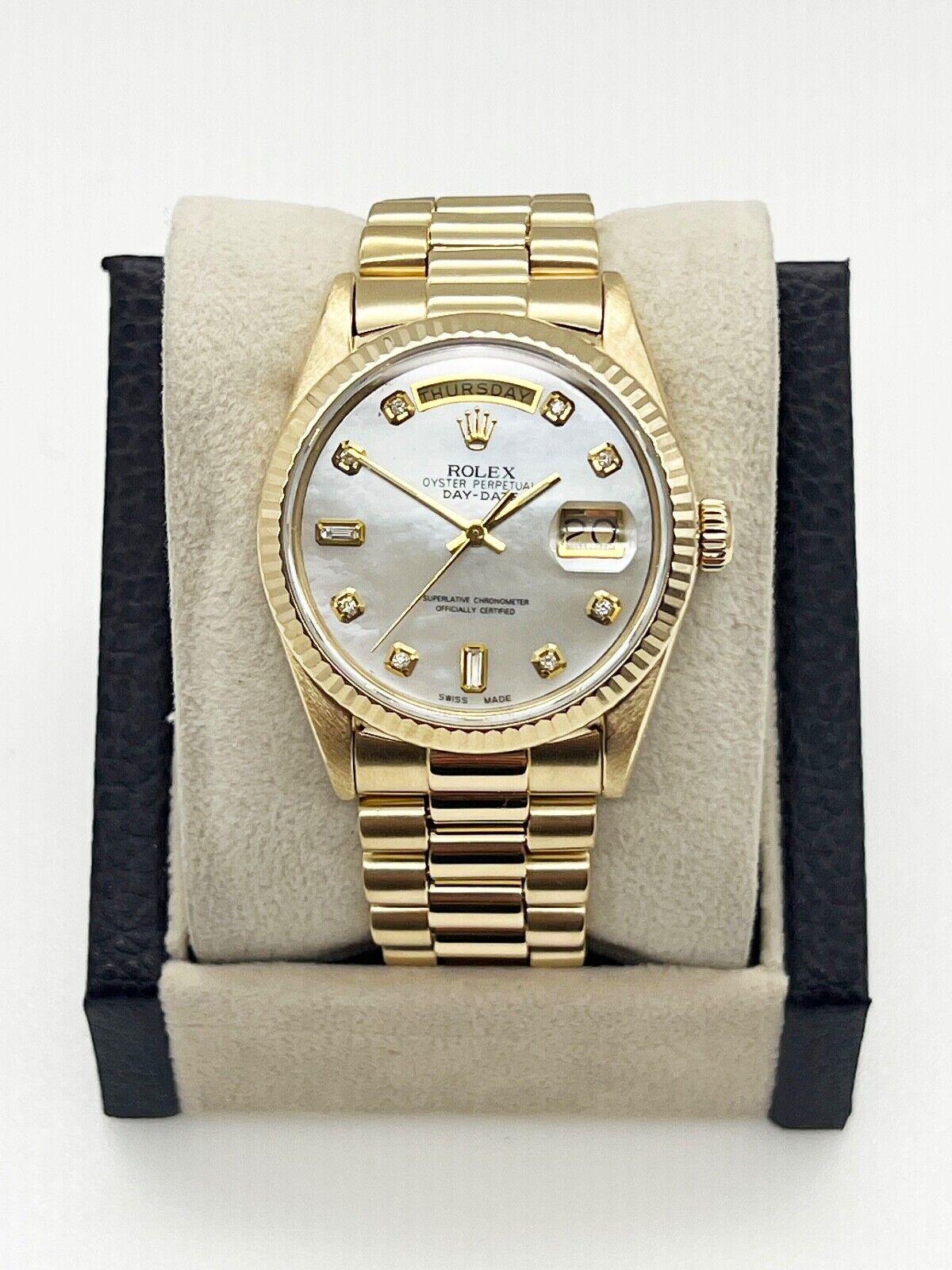 Rolex Day Date President 18038 White MOP Diamond Dial 18K Yellow Gold In Excellent Condition In San Diego, CA