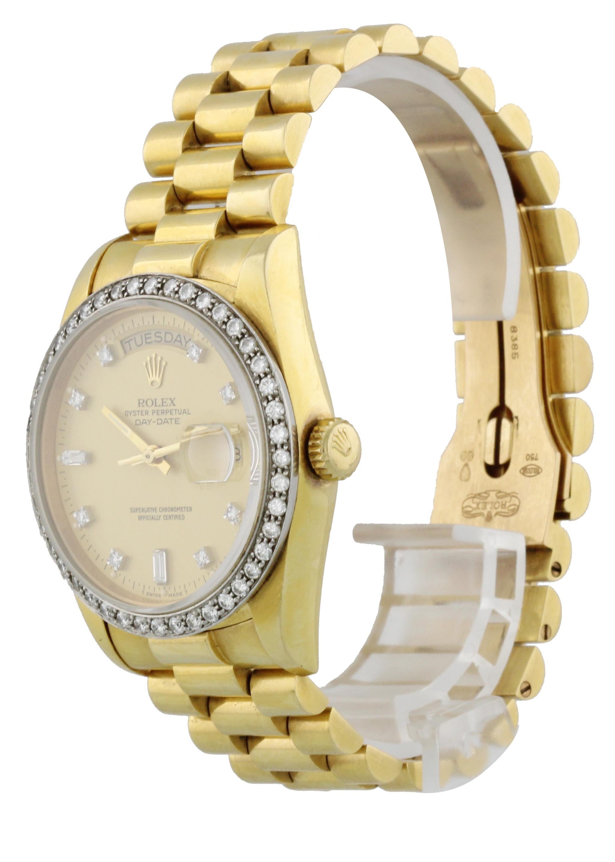 Rolex Oyster Perpetual Day-Date President 18038 Mens Watch. 36 mm 18k yellow gold case. Factory 18k white gold bezel with diamonds. Champagne factory placed diamond dial with luminous hands. Day display at 12 o'clock position. Date display at 3