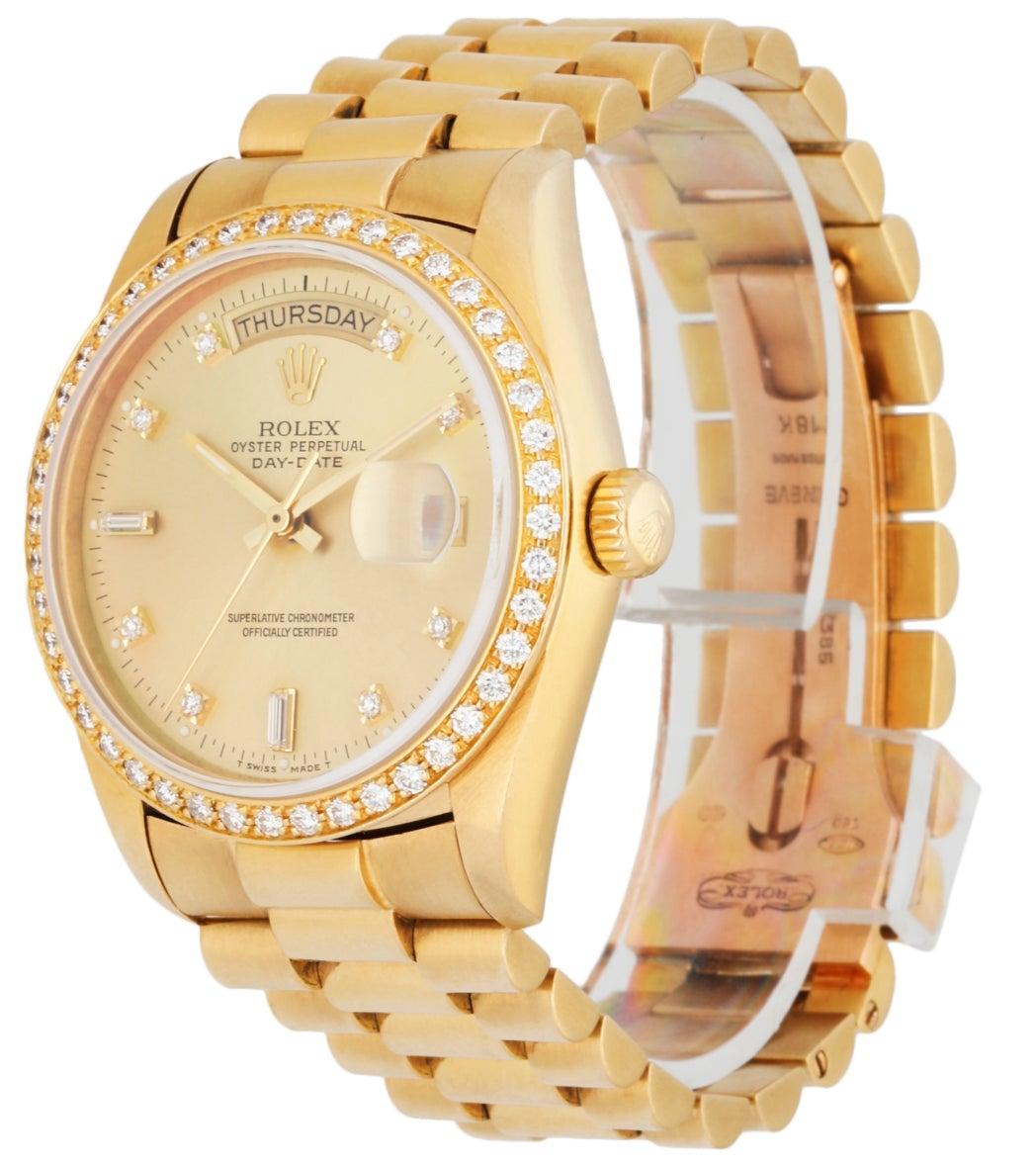 Rolex Oyster Perpetual Day-Date President 18048 Mens Watch. 36mm 18k yellow gold case. 18k yellow gold bezel with factory diamonds. Champagne dial with gold hands and factory diamonds hour marker. Day display at 12 o'clock position. Date display at