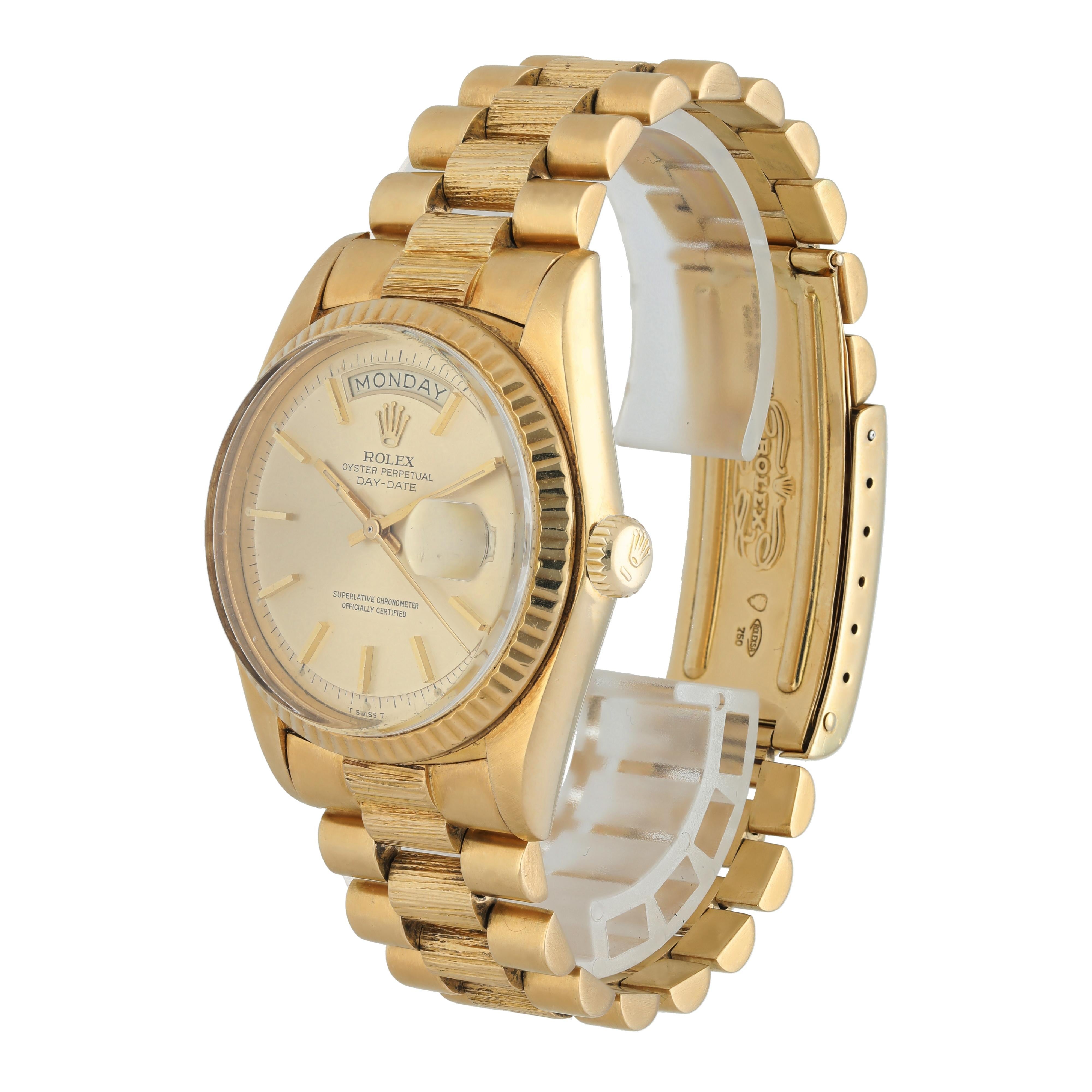 Rolex Day Date 18078 President Men's Watch. 
36mm 18k Yellow Gold case. 
Yellow Gold Stationary bezel. 
Gold dial with gold hands and index hour markers. 
Minute markers on the outer dial. 
Date display at the 3 o'clock position. 
Yellow Gold