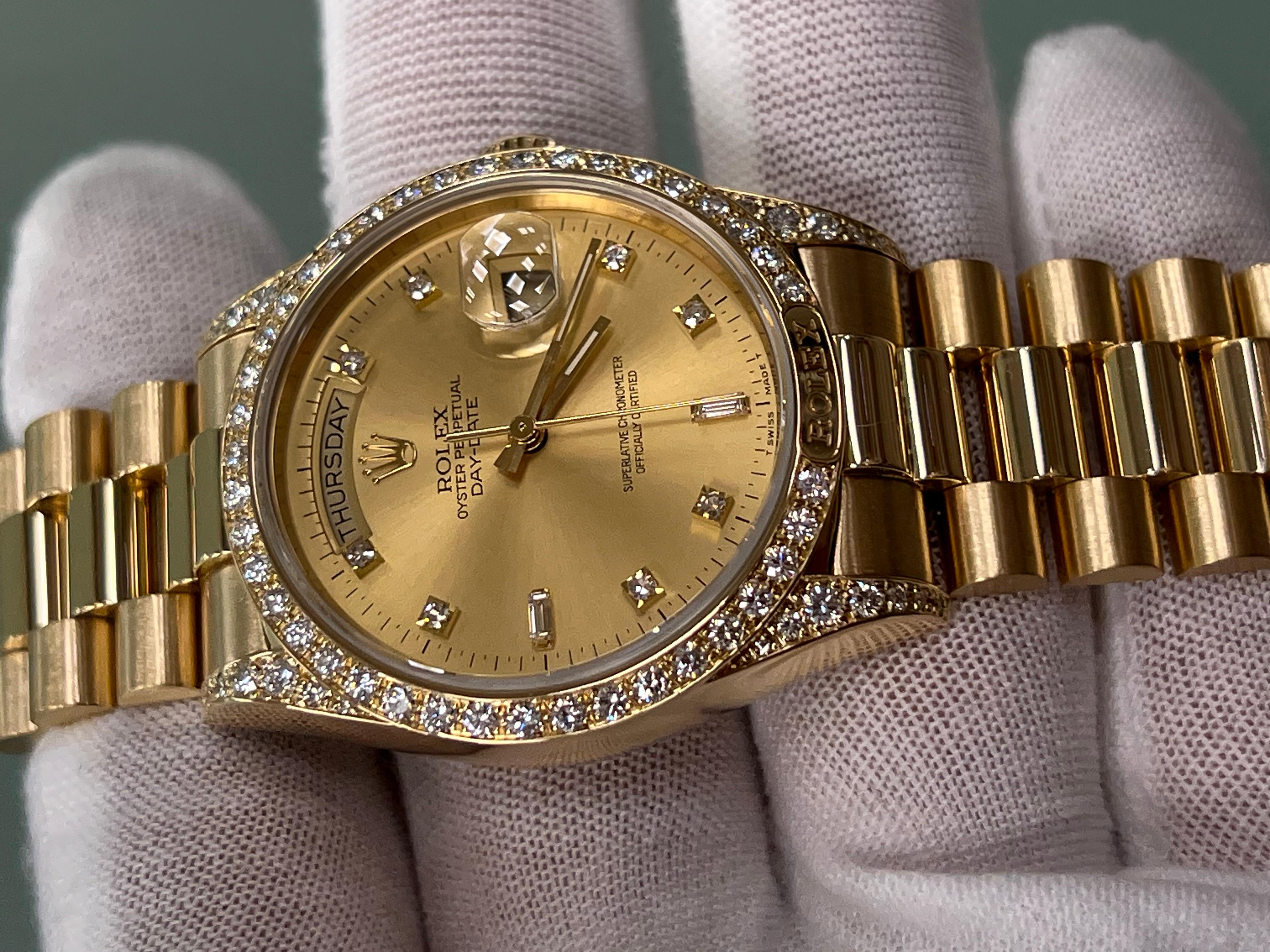 Rolex Day Date President 18138 Factory Diamond Dial Bezel & Lugs 18K Yellow Gold In Excellent Condition For Sale In San Diego, CA
