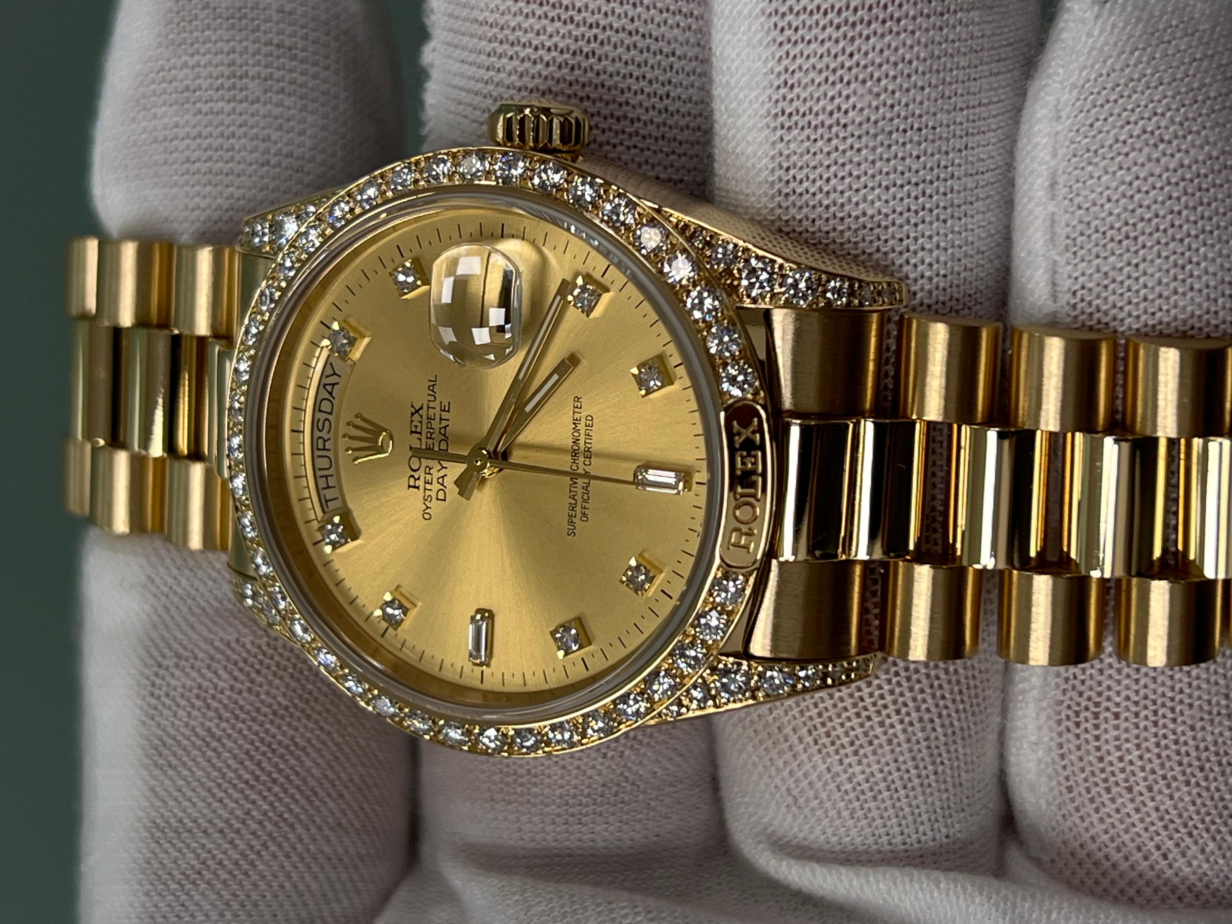 Men's Rolex Day Date President 18138 Factory Diamond Dial Bezel & Lugs 18K Yellow Gold For Sale