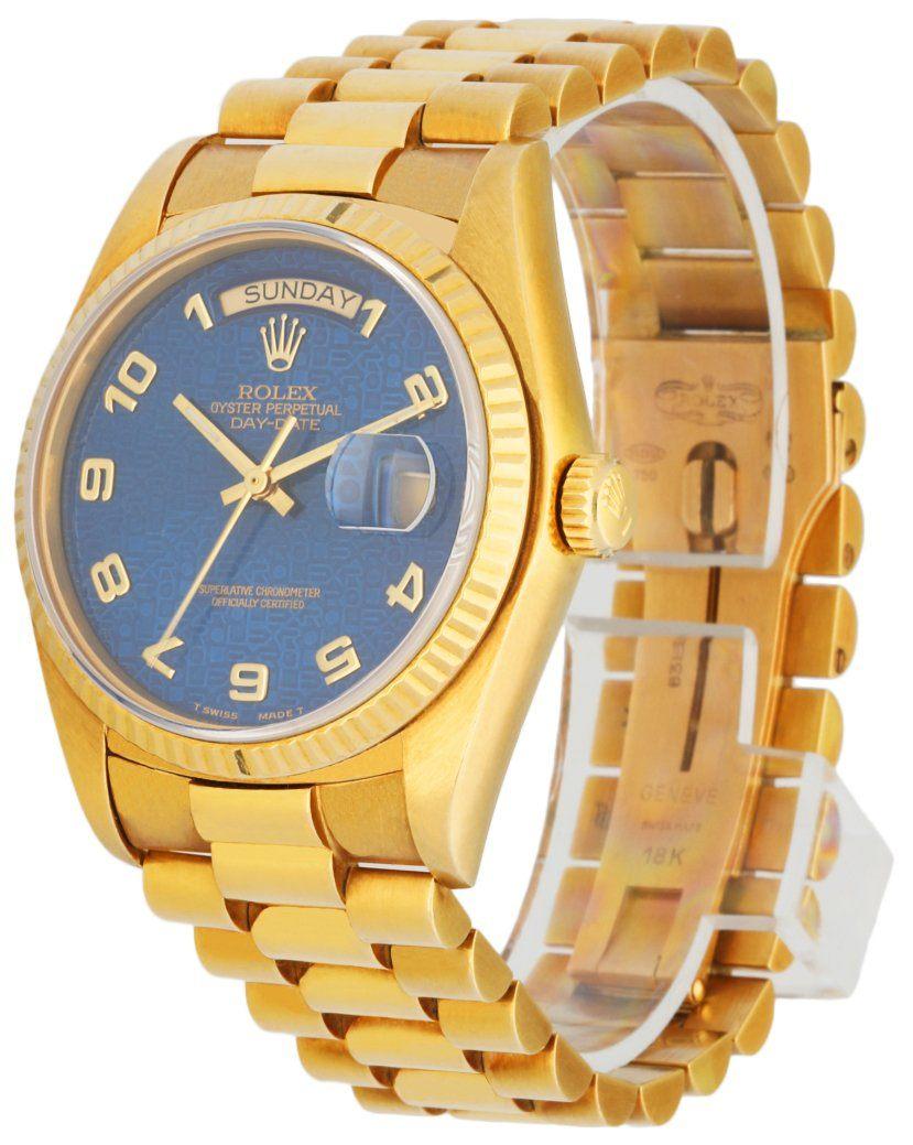 Rolex Oyster Perpetual Day-Date President 18238 Men's Watch. 36mm 18k yellow gold case. 18k yellow gold fluted bezel. Blue anniversary dial with luminous gold hands and Arabic numeral hour marker. Day display at 12 o'clock. Date display at 3