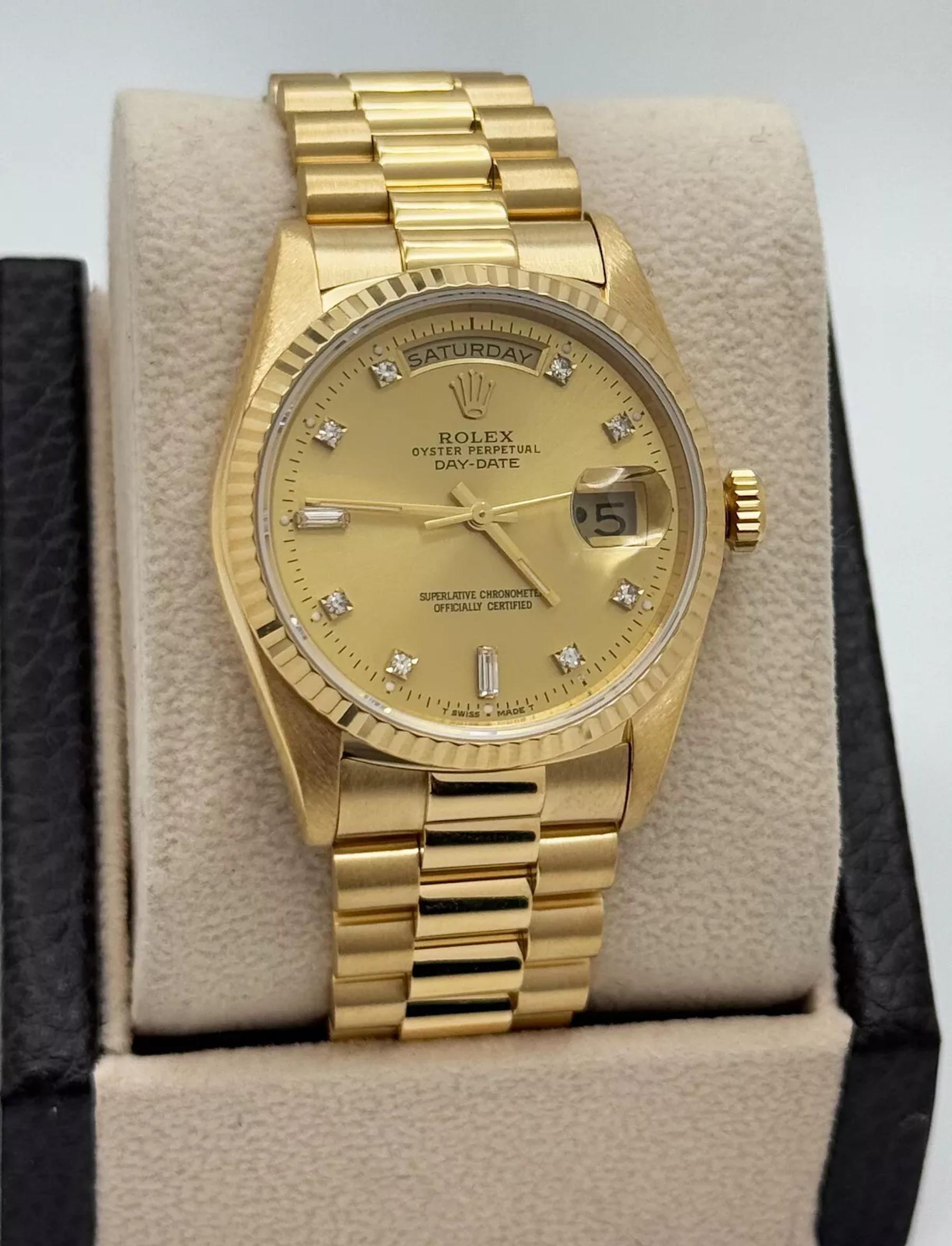 Style Number: 18238

Serial: L286***

Year: 1989

Model: Rolex Day Date President

Case Material: 18K Yellow Gold

Band: 18K Yellow Gold

Bezel: 18K Yellow Gold

Dial: Original Factory Rolex Champagne Diamond Dial

Face: Sapphire Crystal

Case Size: